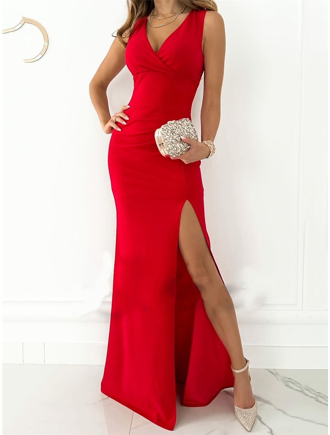 Abito da ballo da donna, abito da invitata a nozze, abito da ballo di fine anno, abito tubino, abito lungo, abito lungo, nero, rosso, verde, senza maniche, colore puro, senza schienale, estivo, primaverile, scollo a V, festa, sera
