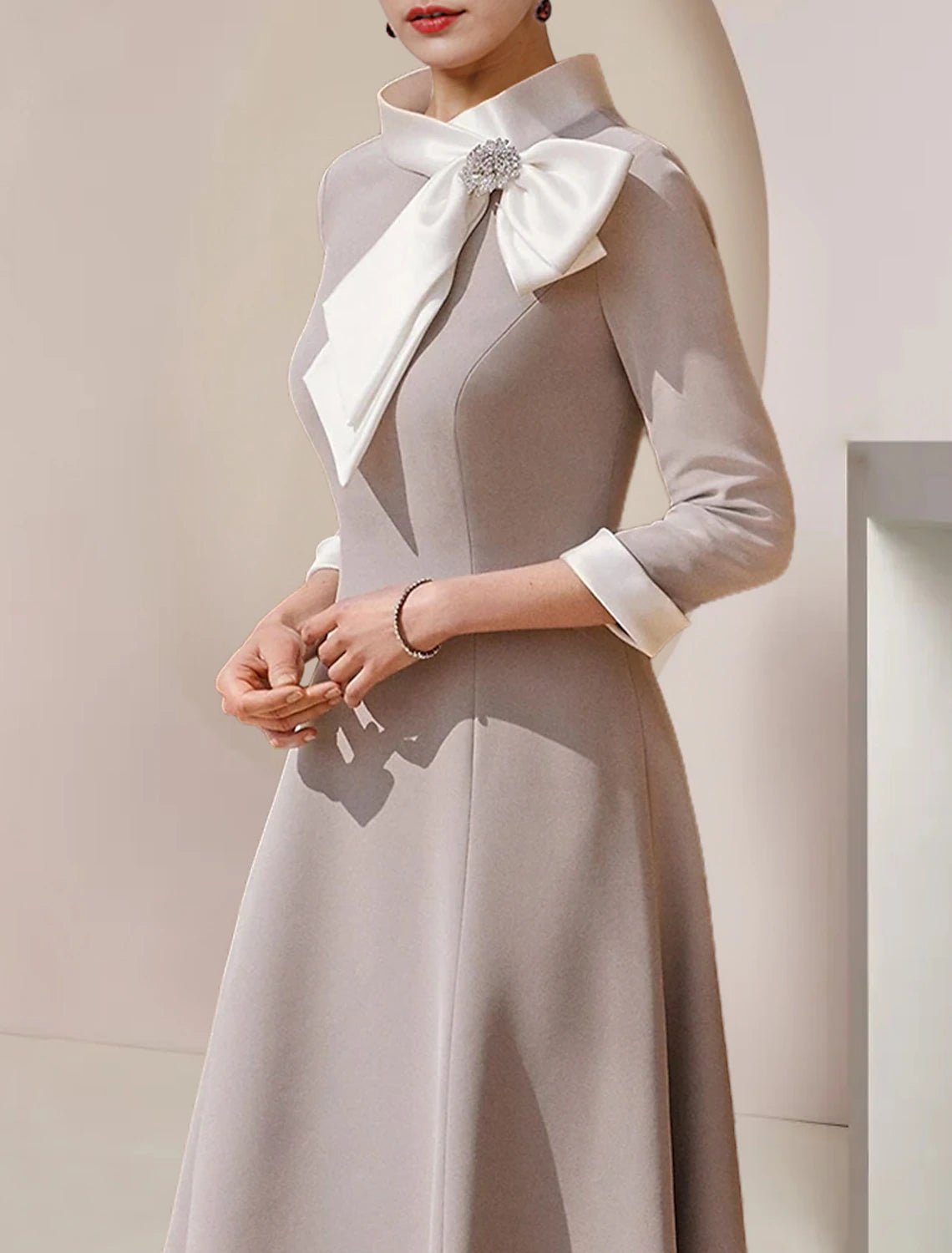 Grey Crepe A-Line Asymmetrical High Neck Dress with Bow Collar