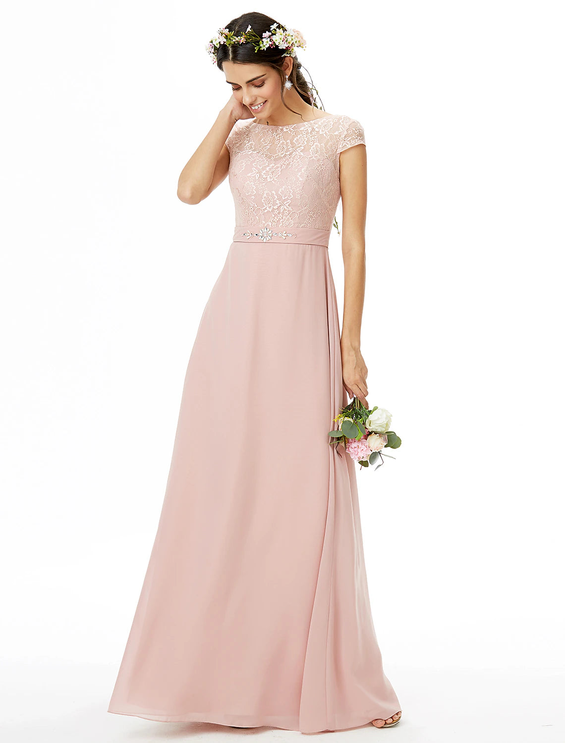 Abito da damigella d'onore a tubino/colonna, scollo a barca, manica corta, elegante, lunghezza pavimento, in chiffon/pizzo con pizzo/fascia/nastro/fiocco/i