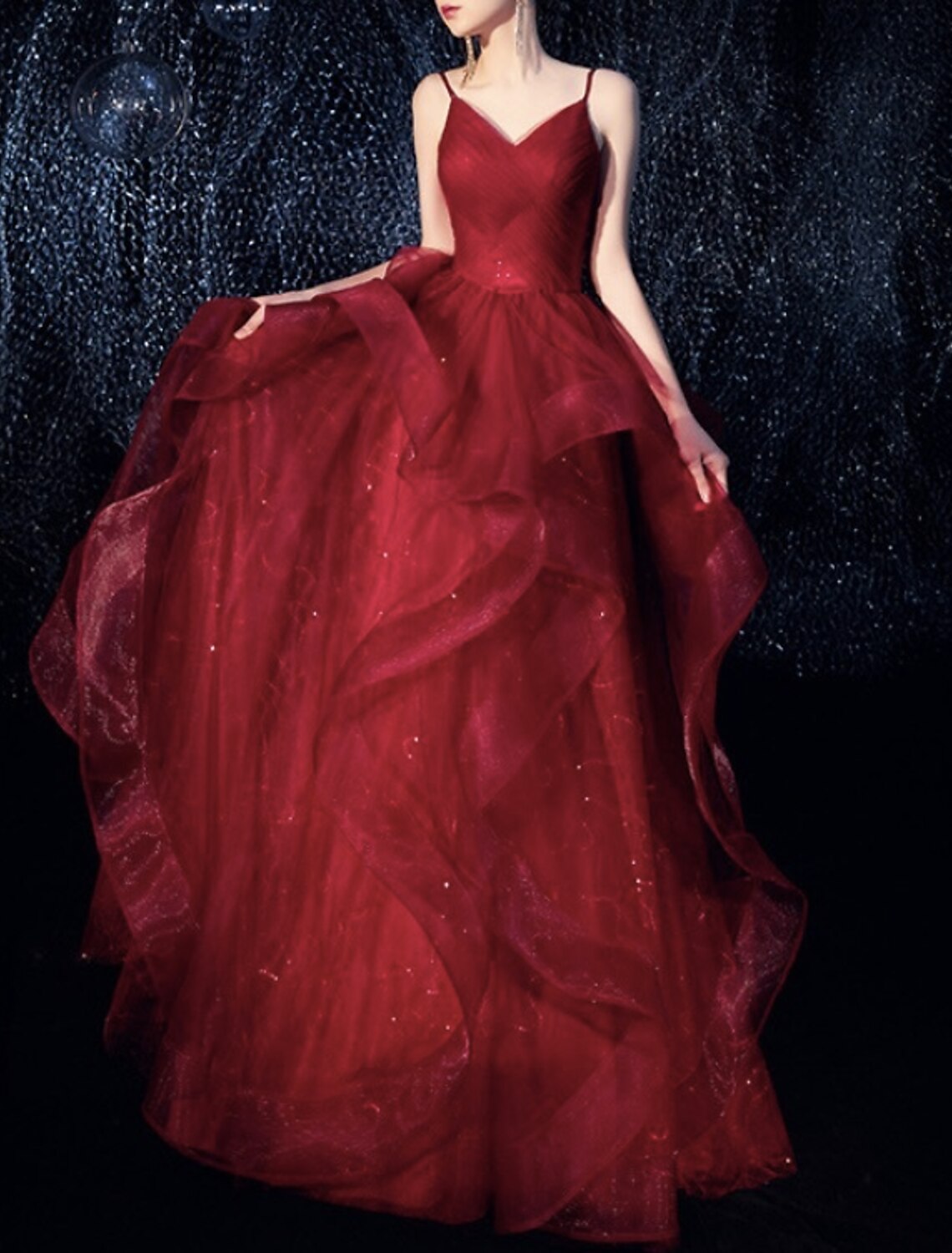 Abito da sera formale da fidanzamento, elegante, scintillante, con spalline sottili, senza maniche, lunghezza al pavimento, in tulle con balza, 2025