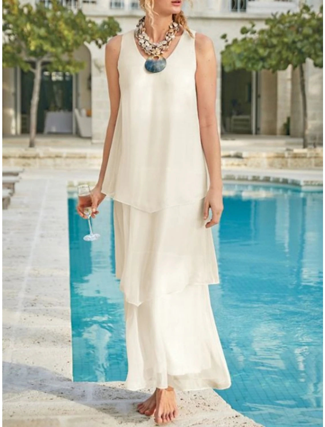 Abito da cerimonia per la madre della sposa, a tubino, elegante, semplice, con scollo a V, lunghezza alla caviglia, in chiffon, senza maniche, tinta unita