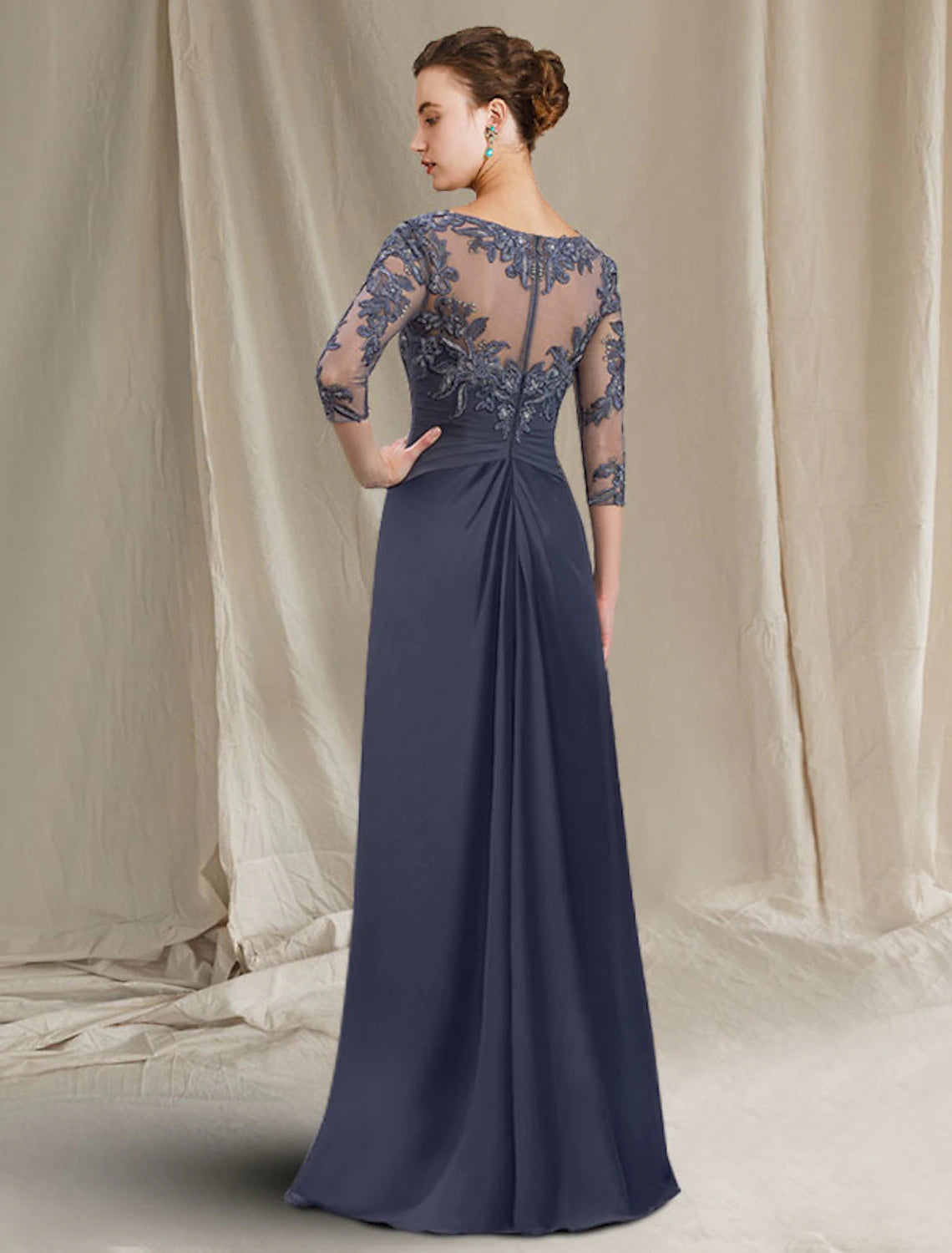 Dark Navy Chiffon A-Line Floor-Length Evening Dress - Illusion Neck Lace Appliques