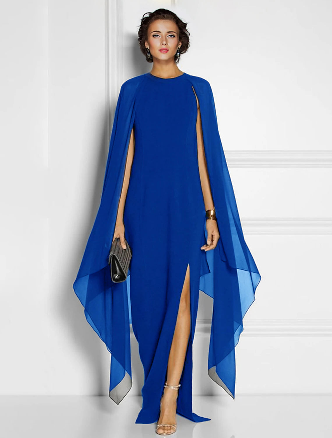 Black Crepe Sheath/column Floor-Length Evening Dress with Cape Sleeves and High Slit