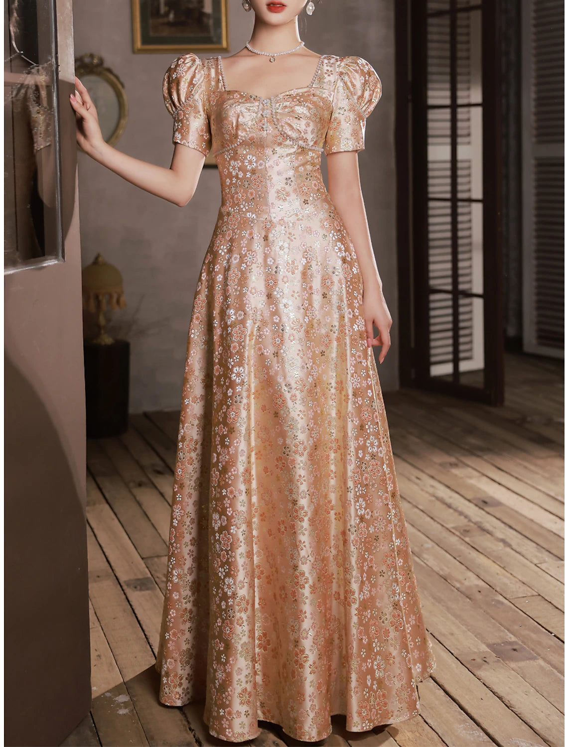 Abiti da ballo a trapezio, scintillanti e brillanti, da fidanzamento, con lunghezza al pavimento, maniche corte, scollo a barchetta, in raso con perle arricciate, 2025