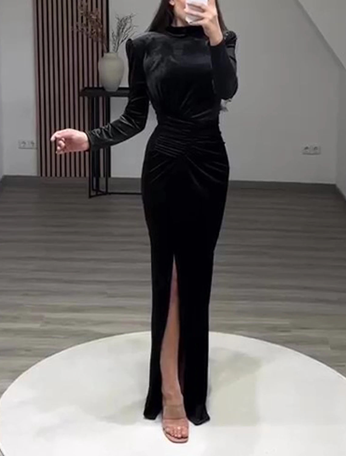 Sheath / Column Evening Gown Elegant Dress Formal Cocktail Party Floor Length Long Sleeve High Neck  with Slit