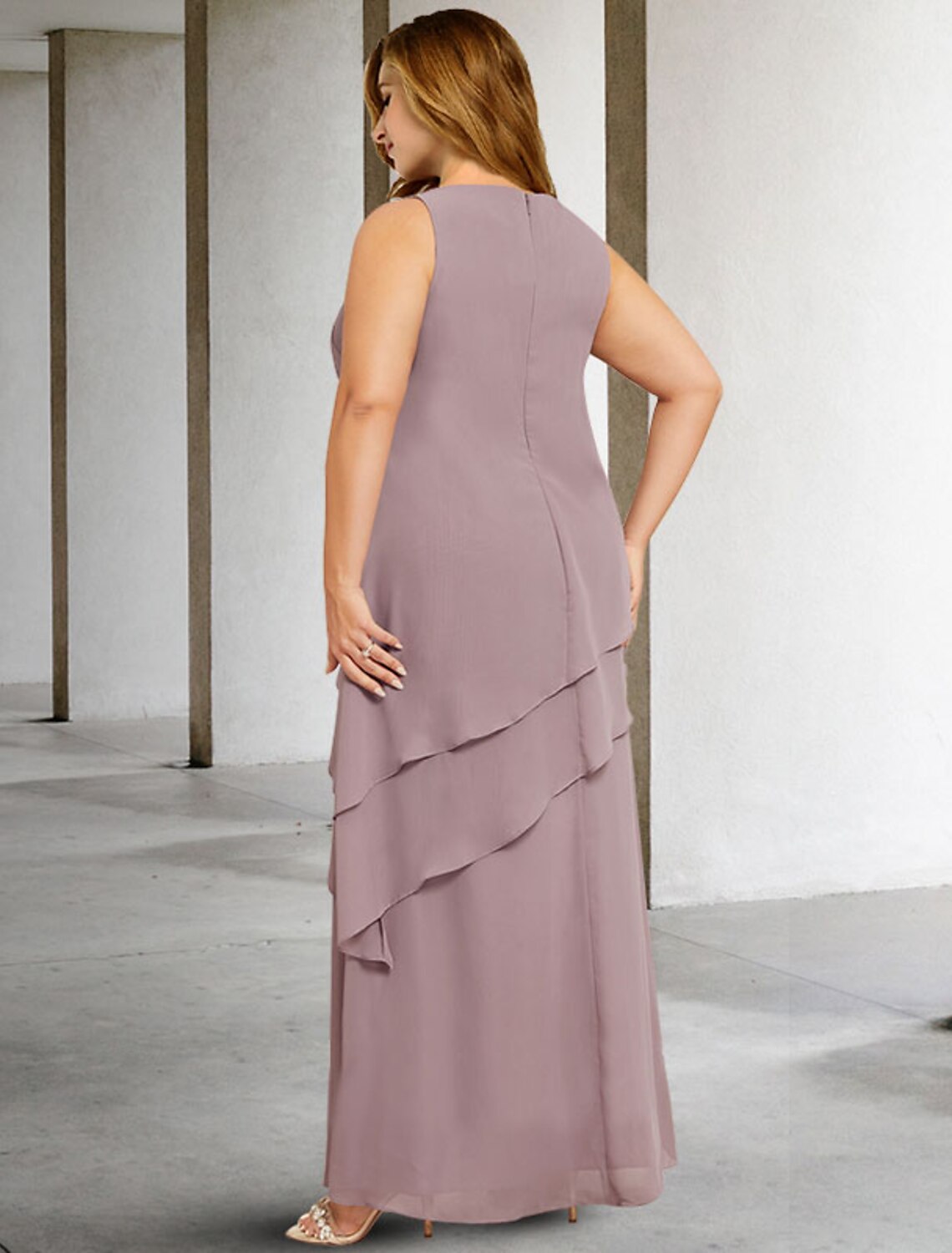 Vestido de dos piezas de corte A para madre de la novia, talla grande, con curvas ocultas en el vientre, elegante, formal, largo hasta el suelo, sin mangas, cuello joya, gasa con volantes de lentejuelas y apliques