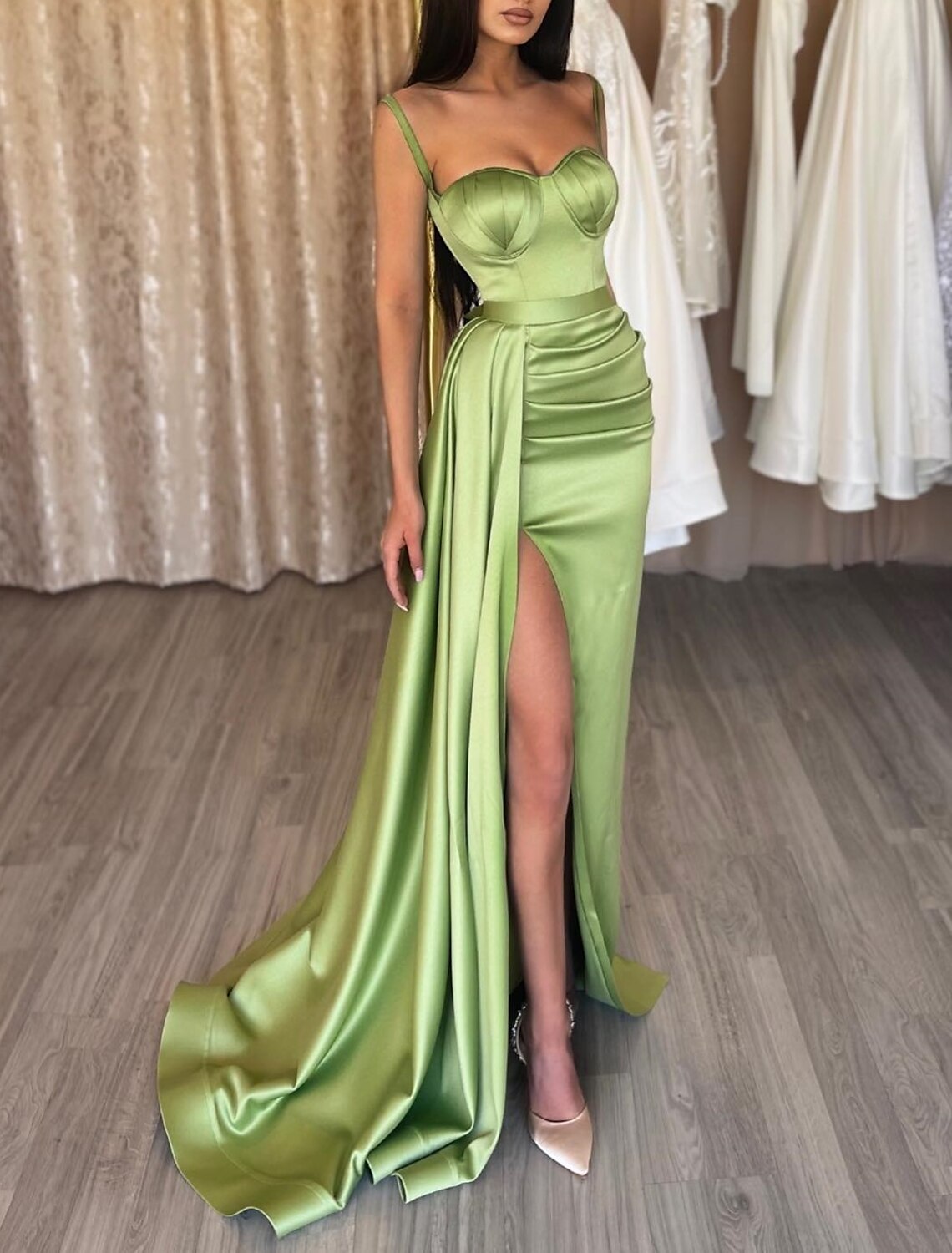 Mermaid / Trumpet High Split Prom Formal Evening Dress Spaghetti Strap Sleeveless Sweep / Brush Train Satin with Ruched Slit