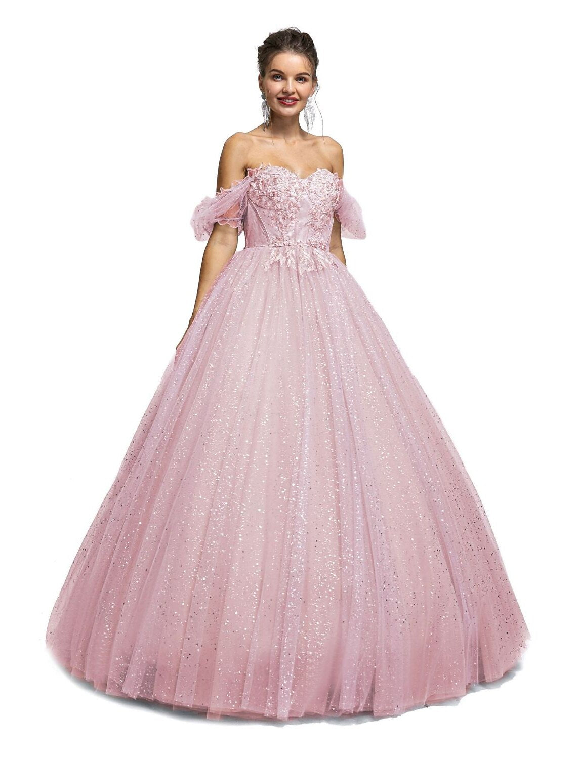 Lilac Sweetheart Ball Gown Floor-Length Tulle Evening Dress with Glitter Skirt