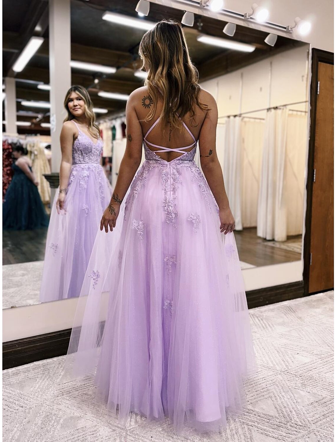 Lavender Tulle A-Line Floor-Length Dress with Lace Appliques and High Slit for Prom & Evening Party