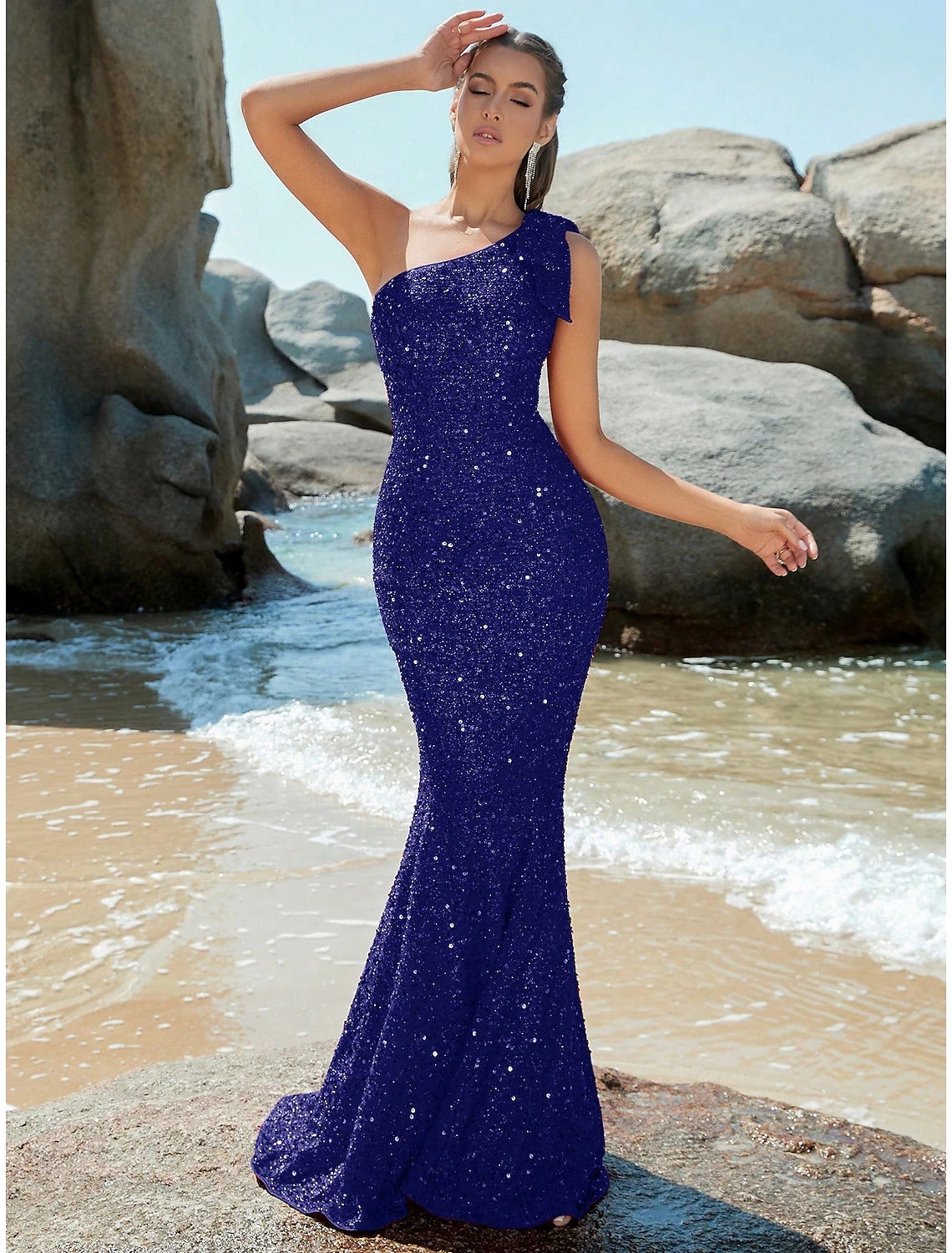 Red Sequin Mermaid One Shoulder Floor-Length Dress