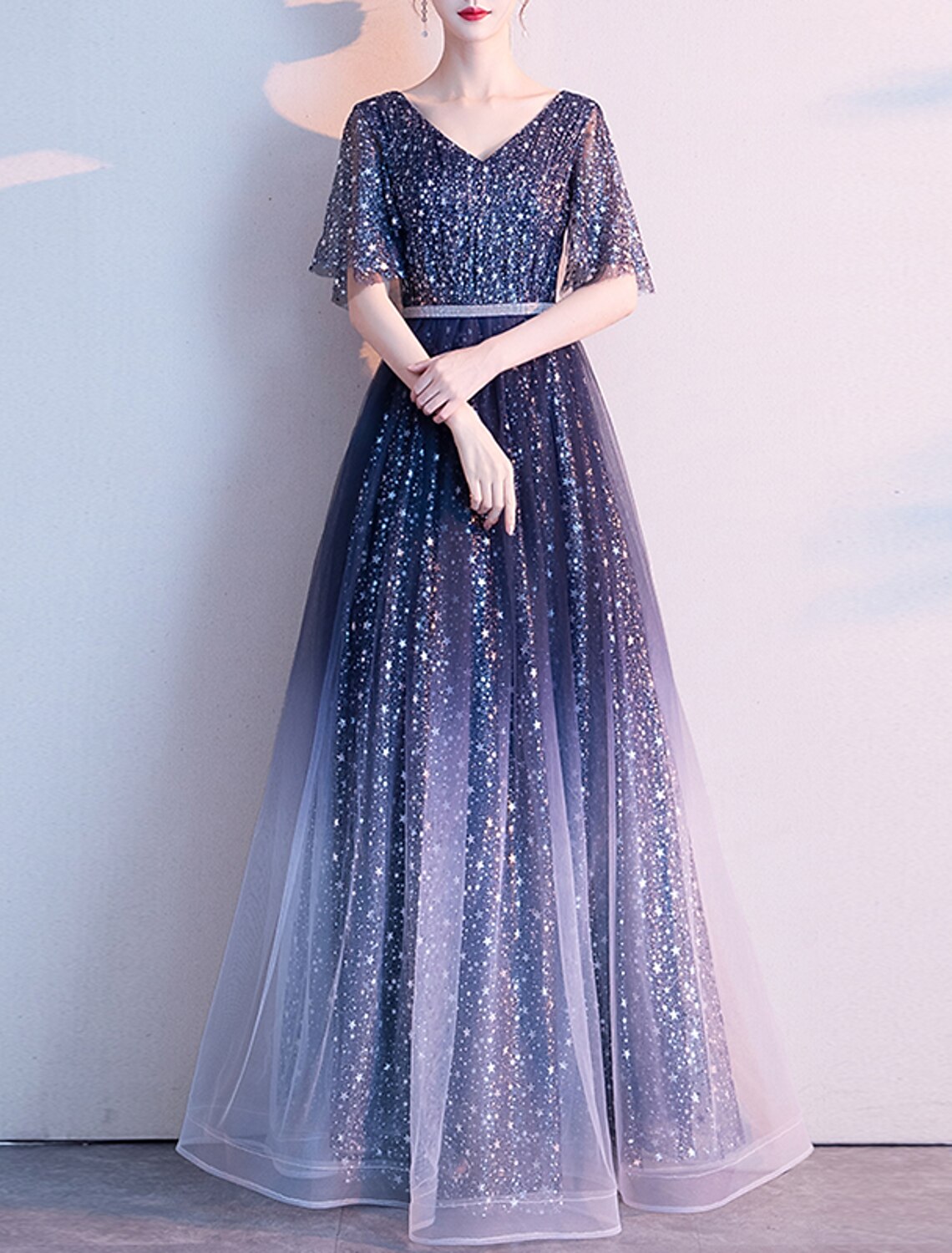 A-Line Evening Gown Glittering Dress Wedding Guest Prom Floor Length Half Sleeve V Neck Tulle with Sash / Ribbon Pleats Sequin 2025