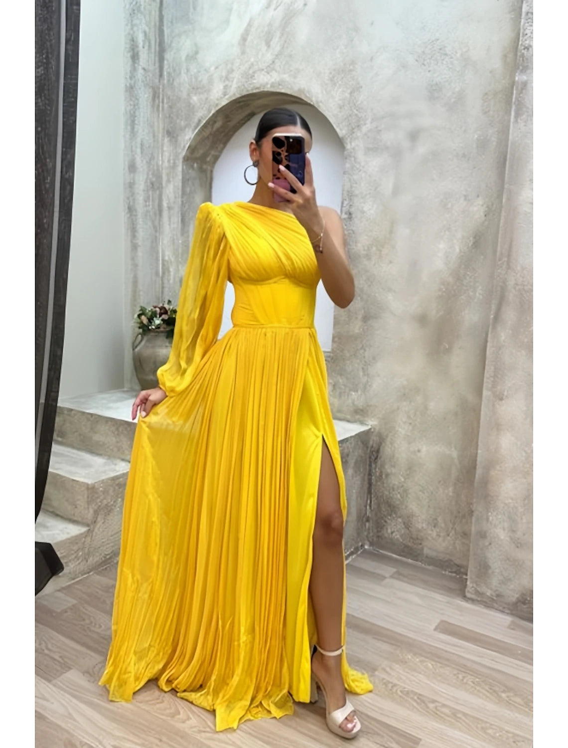 Orange Chiffon A-Line One Shoulder Floor-Length Evening Dress