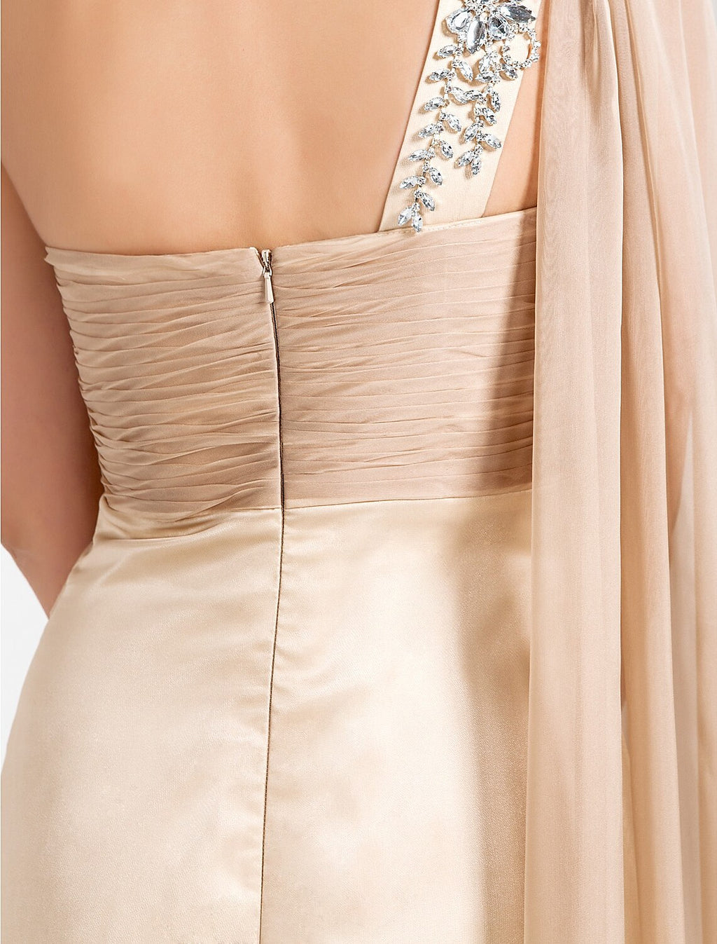 Champagne Chiffon A-Line Floor-Length Evening Dress with One Shoulder & Beaded Strap