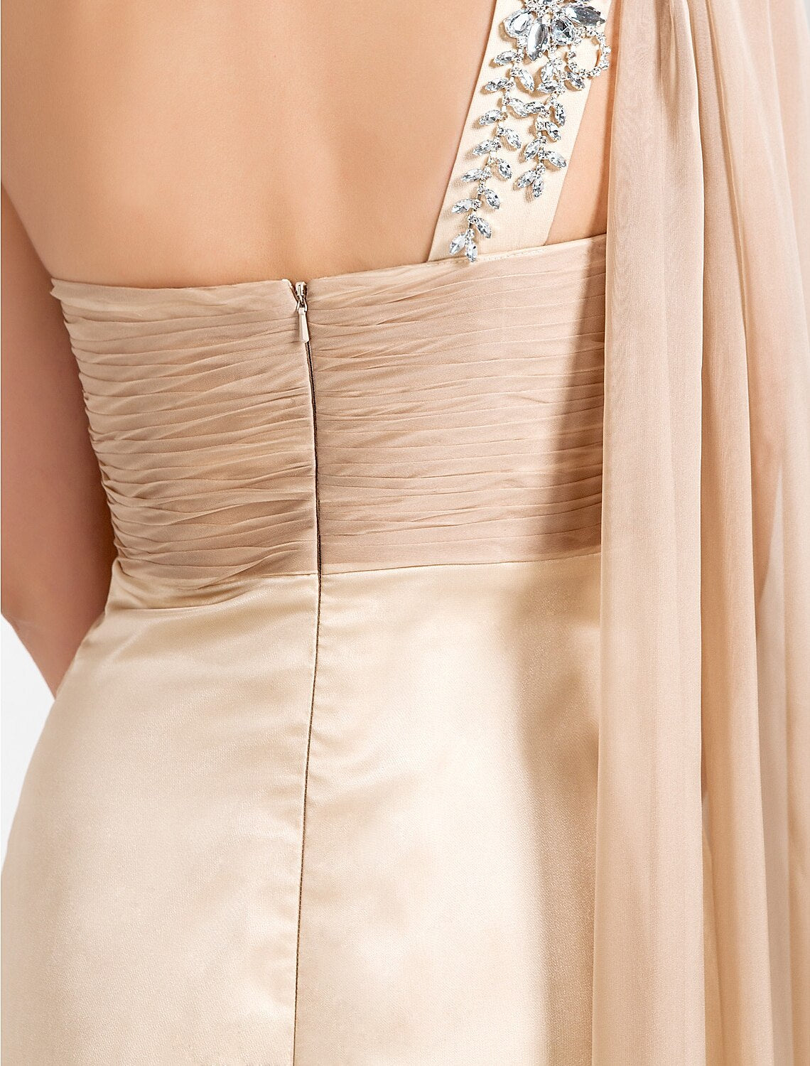 Champagne Chiffon A-Line Floor-Length Evening Dress with One Shoulder & Beaded Strap