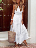 Abiti da sposa bianchi da spiaggia, abiti da sposa boho, linea ad A, scollo a V, senza maniche, lunghezza alla caviglia, in chiffon, con applicazioni