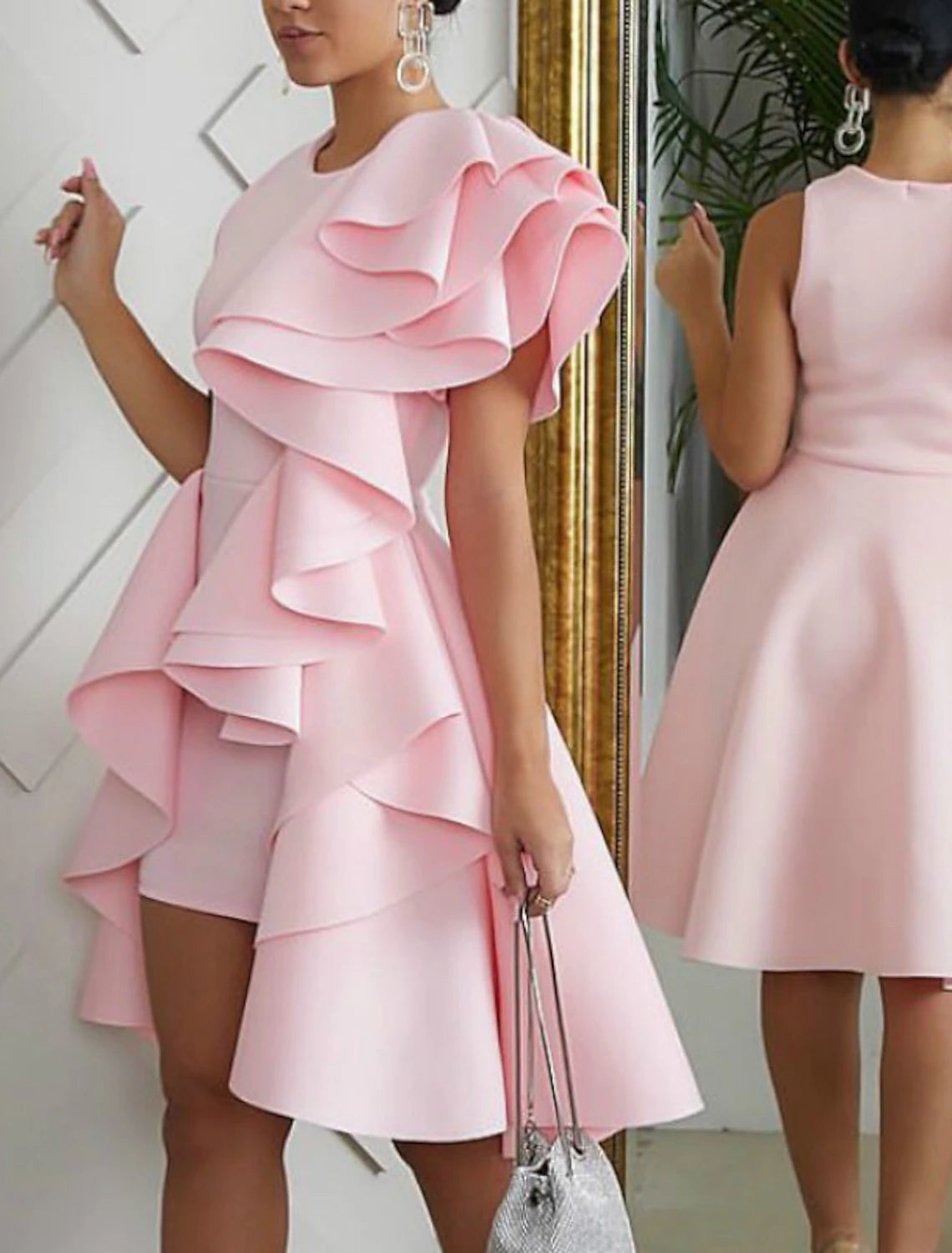 Abiti da ballo a trapezio, graziosi abiti da cerimonia, da cocktail party, lunghi fino al ginocchio, senza maniche, con scollo gioiello, in tessuto con volant, colore puro