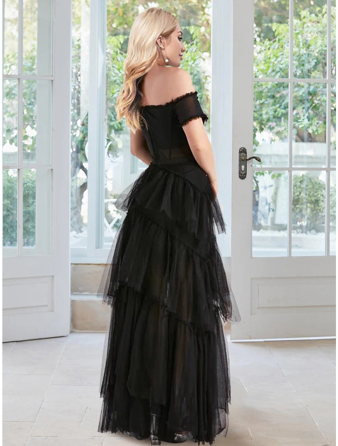 Black Off-the-Shoulder Tulle A-Line Floor-Length Evening Dress