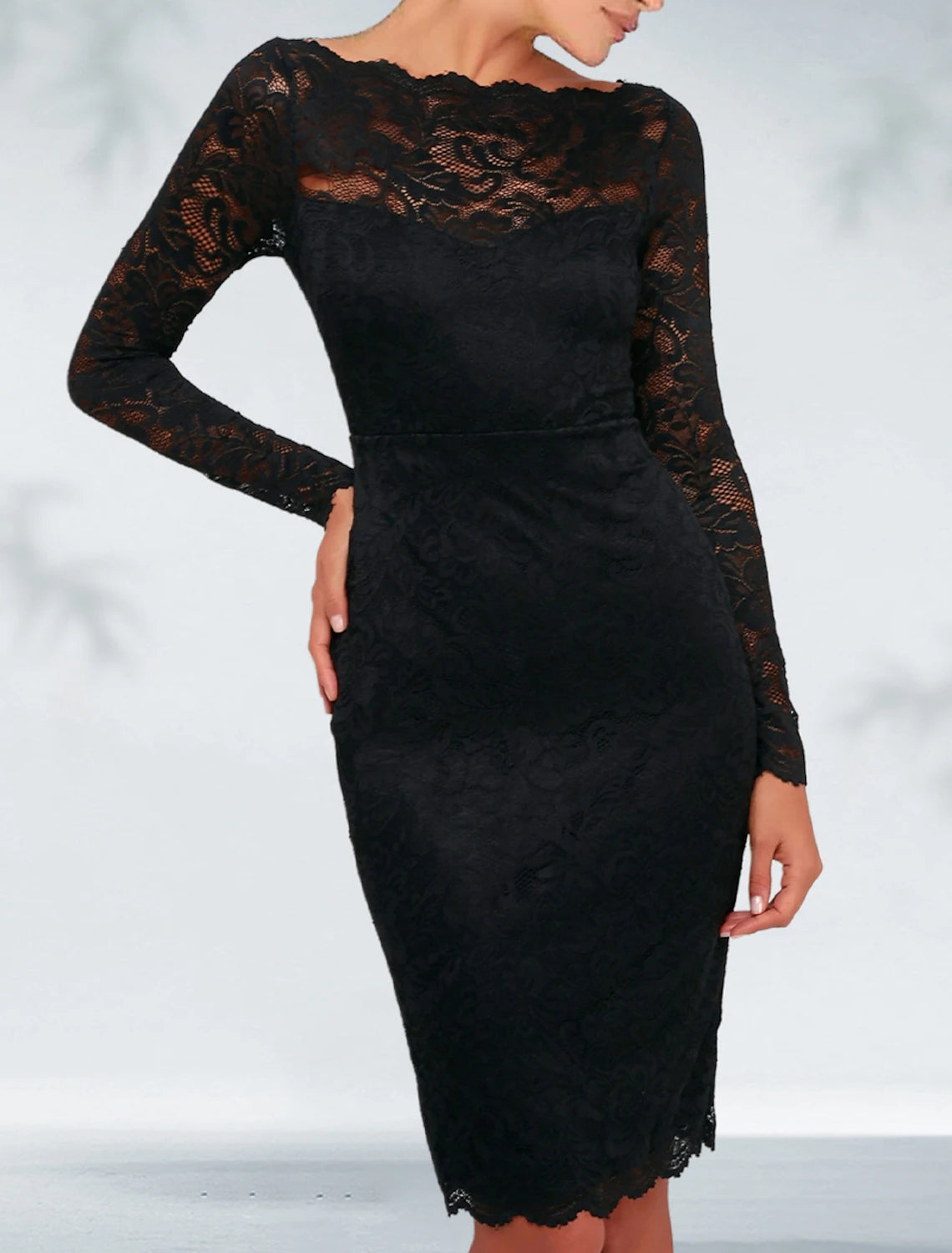 Sheath Black Dress Plus Size Cocktail Dresses Elegant Dress Wedding Guest Party Wear Knee Length Long Sleeve Jewel Neck Gothic Lace with Appliques