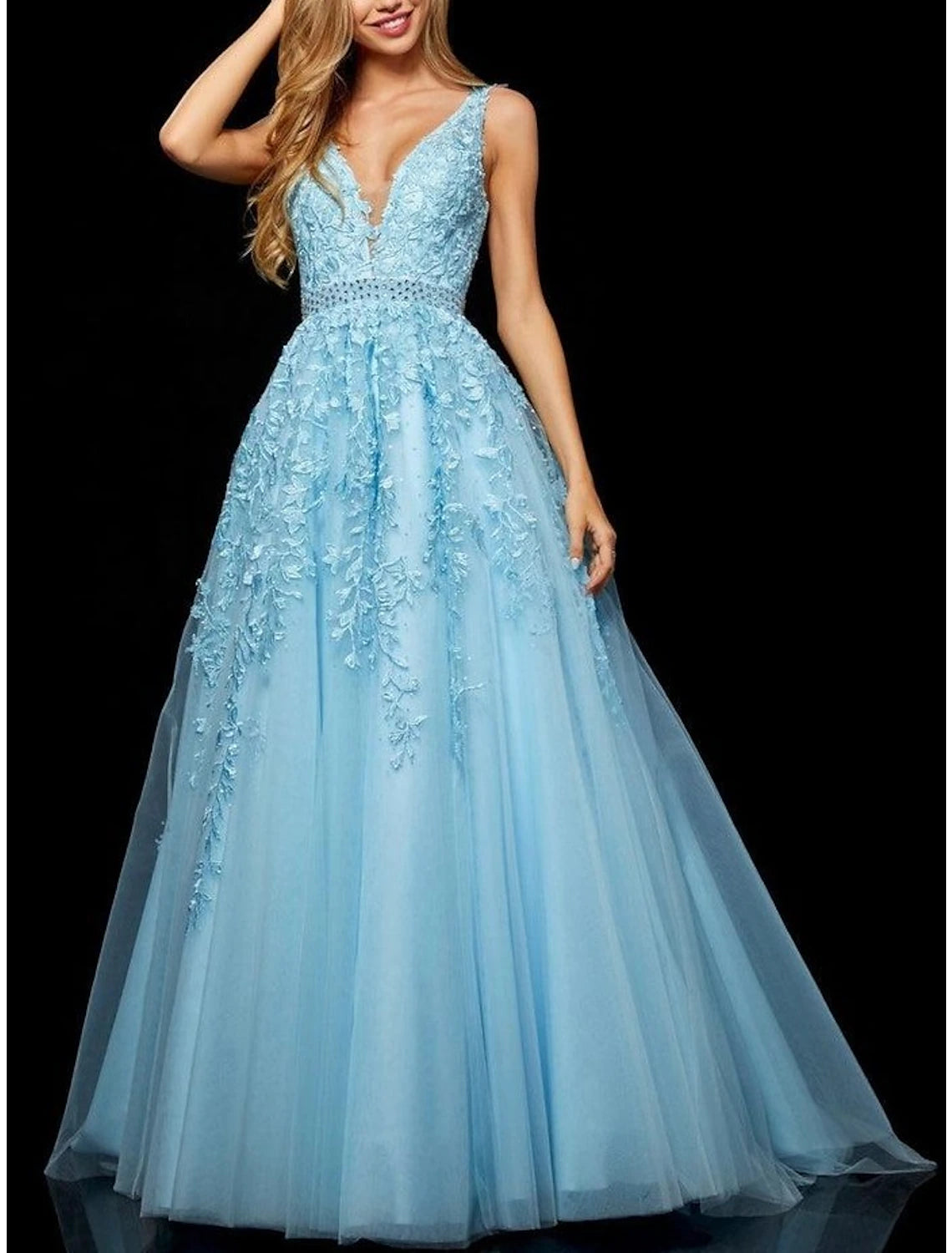 Blushing Pink Lace Tulle A-Line V-Neck Floor-Length Evening Gown