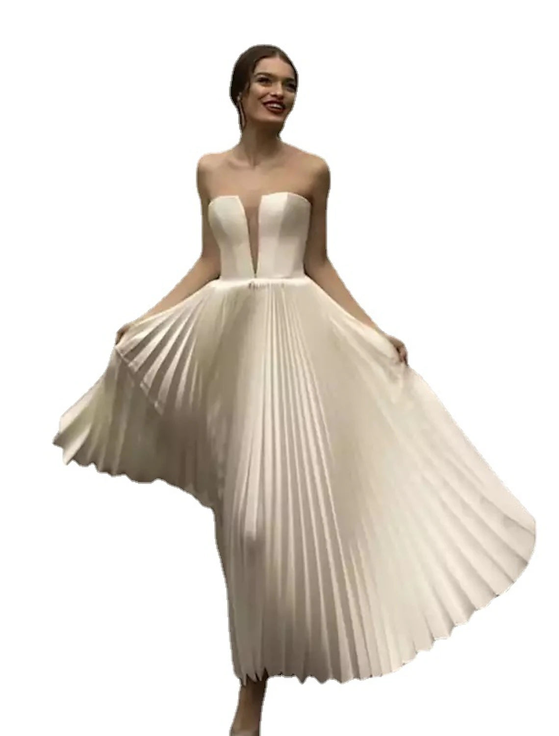 Vestidos de novia blancos de recepción, corte A, escote corazón, sin tirantes, largo hasta el tobillo, de encaje, con pliegues, color liso.