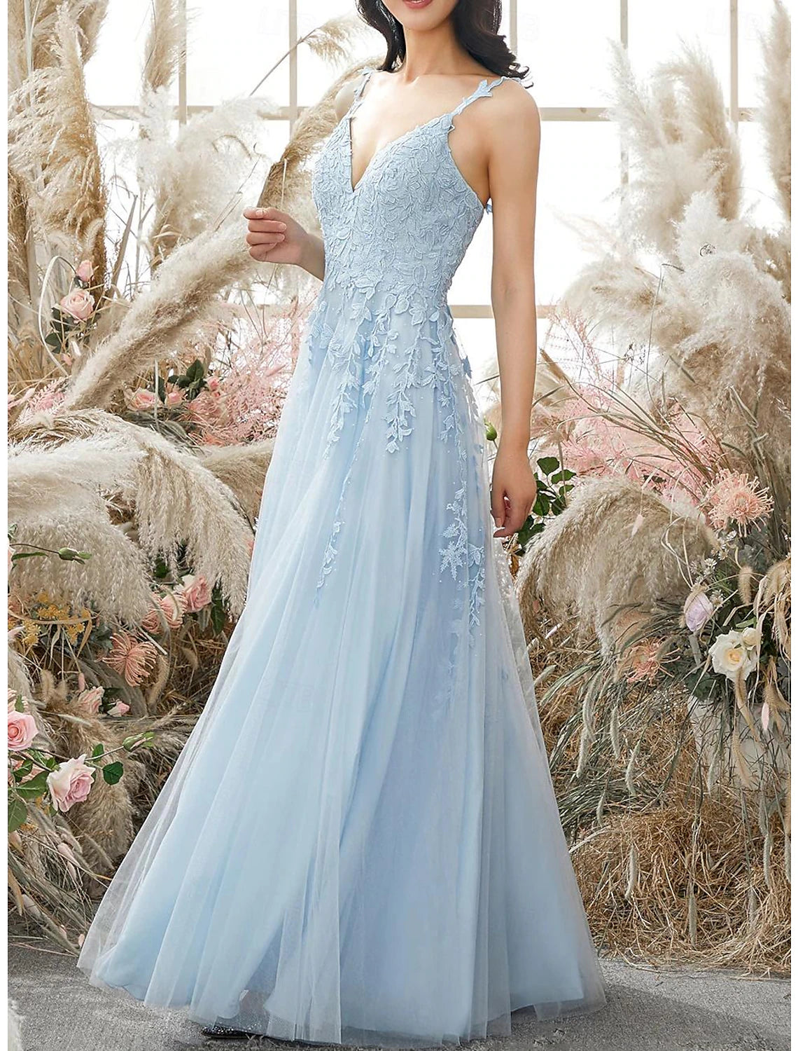 Sky Blue A-Line Floor-Length Bridesmaid Dress with Lace Appliques