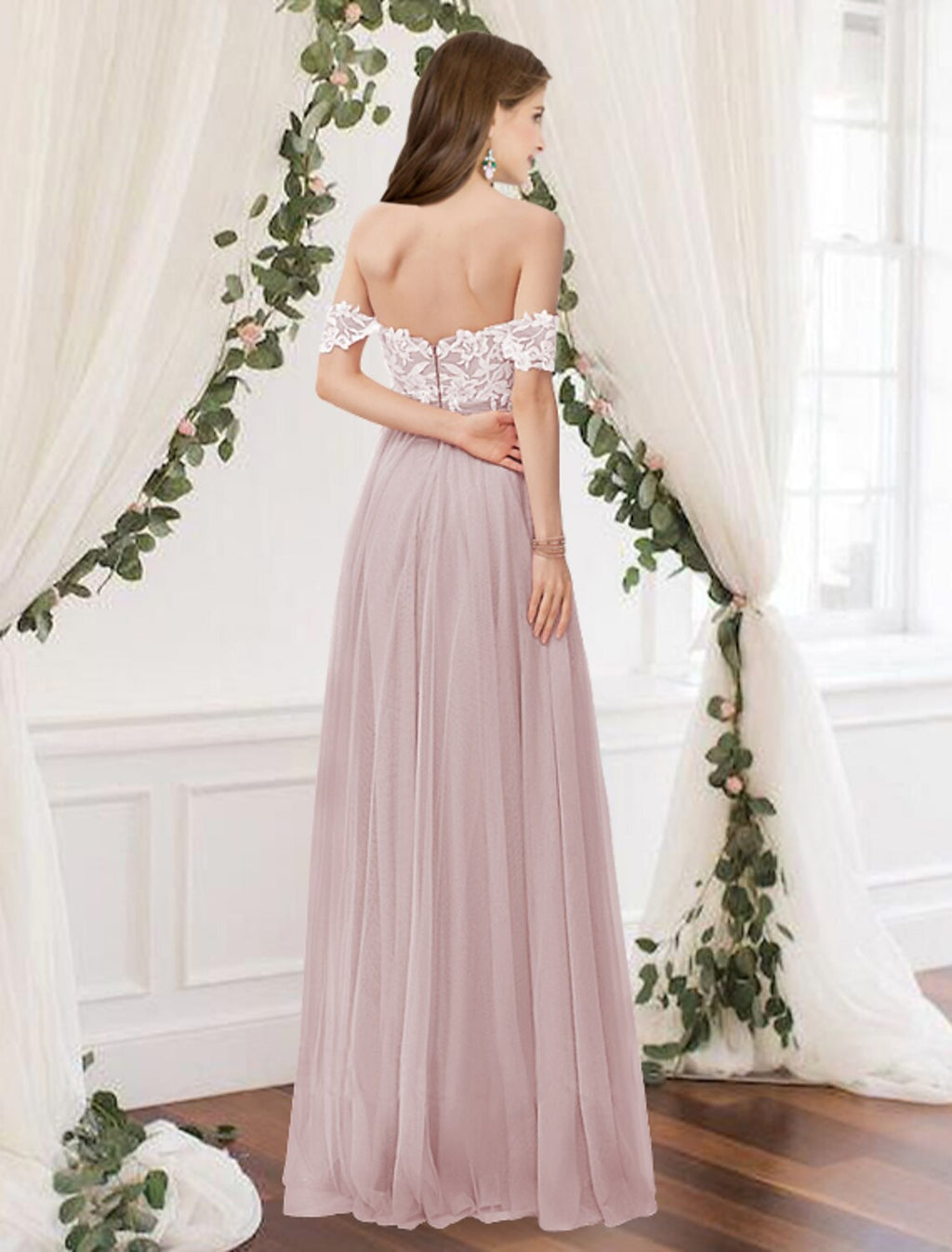Dusty Rose Off-the-Shoulder A-Line Lace Tulle Bridesmaid Dress