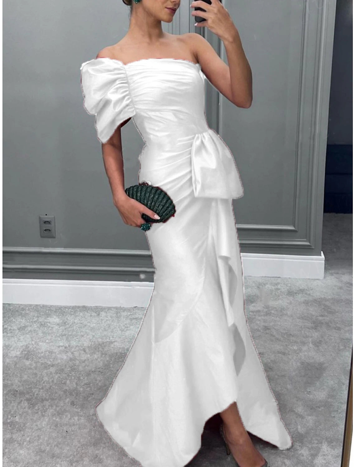 Mermaid / Trumpet Evening Gown Elegant Dress Formal Christmas Red Green Dress Sweep / Brush Train Short Sleeve One Shoulder Satin with Ruched Ruffles 2025