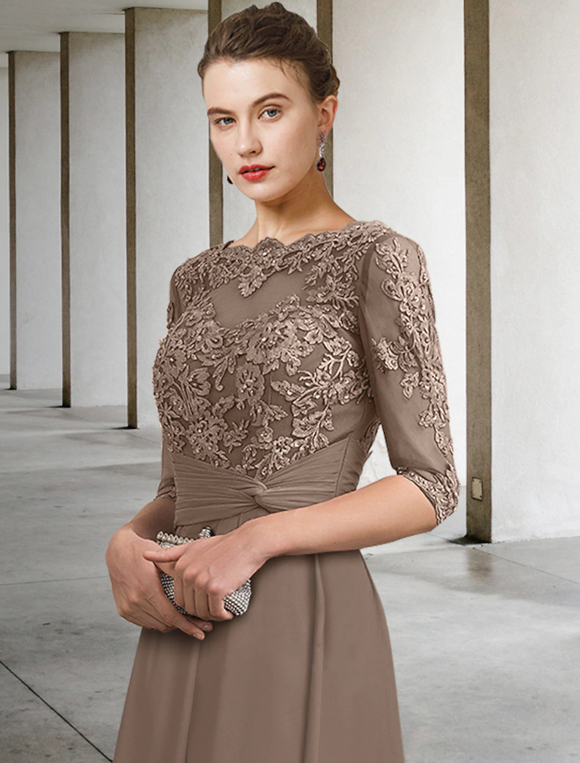 Mocha Chiffon A-Line Ankle-Length Evening Dress with Lace Bodice & Draped Waist