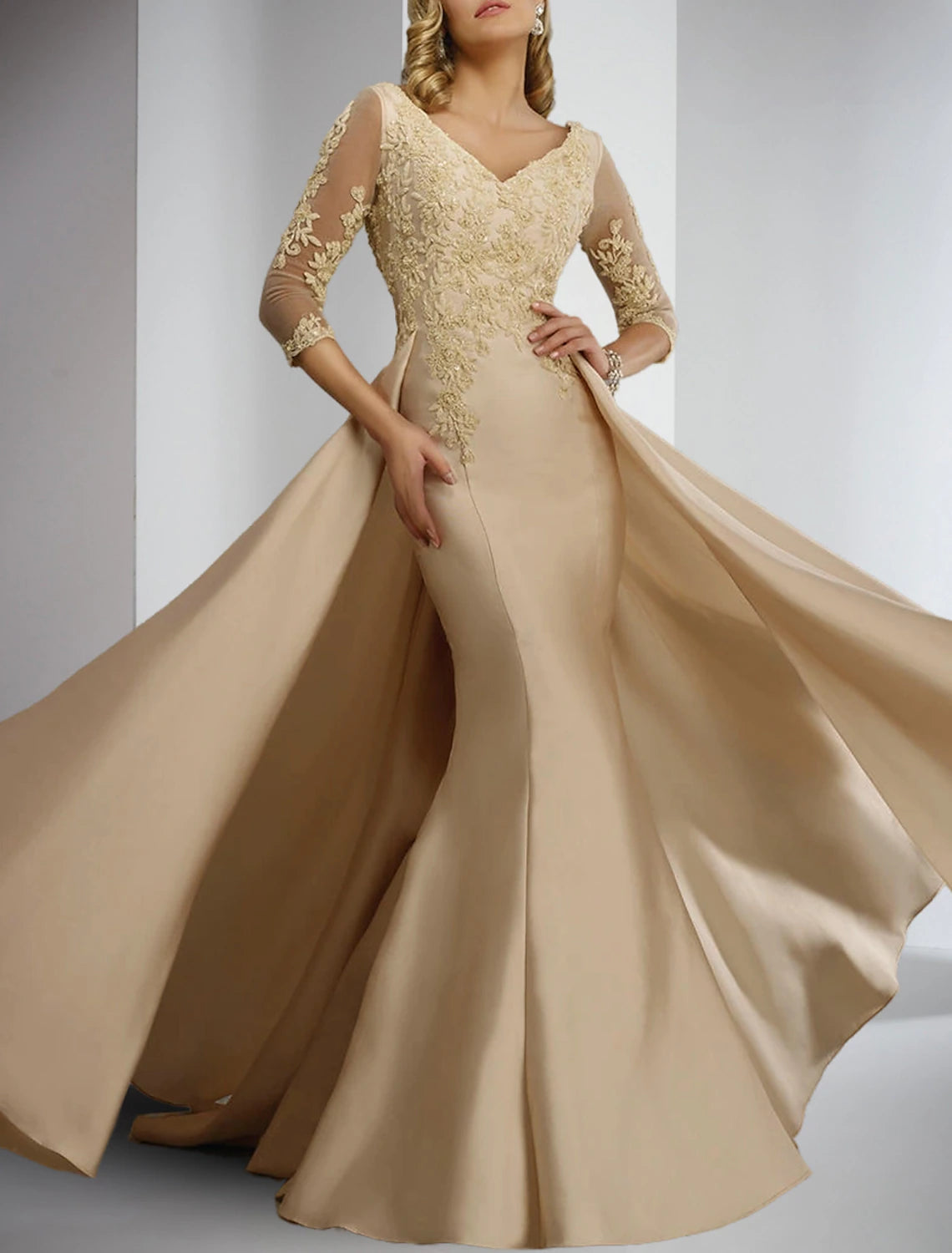 Vestido de madre de la novia con corte tubo/columna, elegante, para invitada de boda, escote en V, largo hasta el suelo, encaje satinado, manga 3/4 con apliques