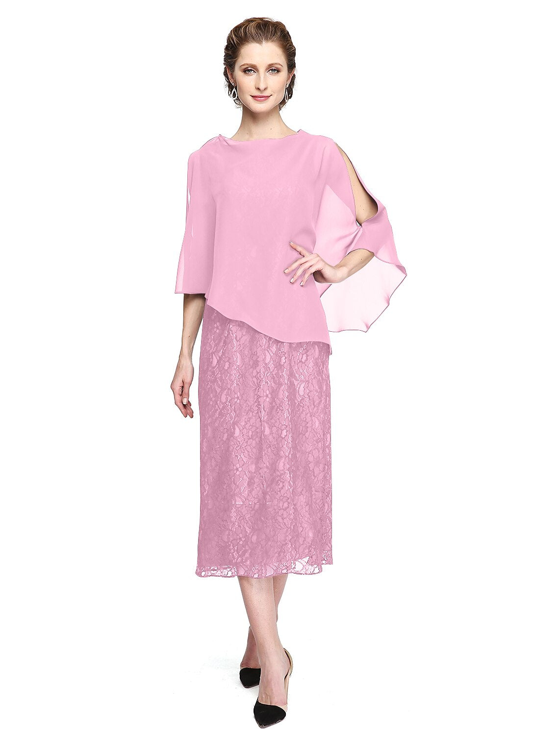 A-Line Mother of the Bride Dress Two Piece Jewel Neck Tea Length Chiffon Lace Sleeveless yes with Pleats Appliques