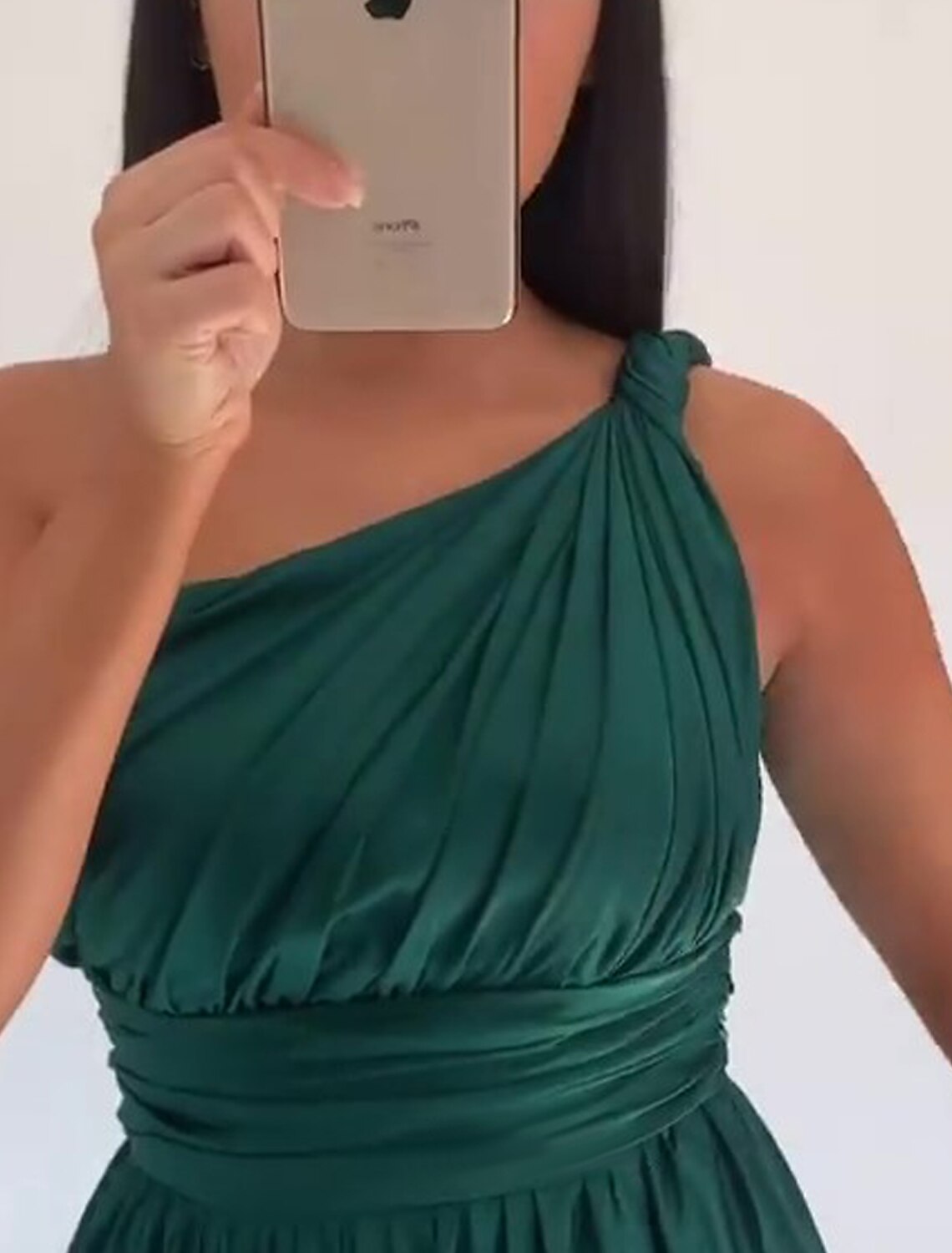 Abito da sera a trapezio, elegante, da invitata a nozze, con cravatta nera, strascico a ruota, senza maniche, monospalla, in raso con arricciature