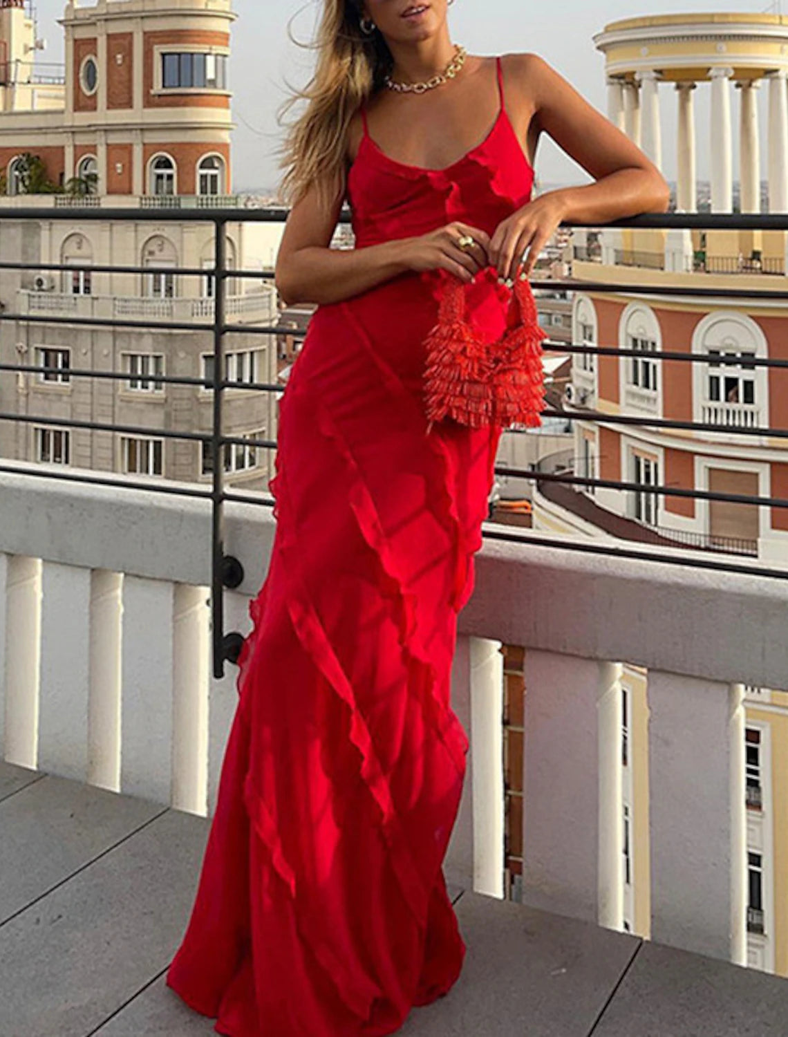 Abiti da festa a tubino/colonna, abito plissettato a strati, abito da ospite di nozze, festa, strascico a ruota, senza maniche, spalline sottili, in chiffon con volant e spacco