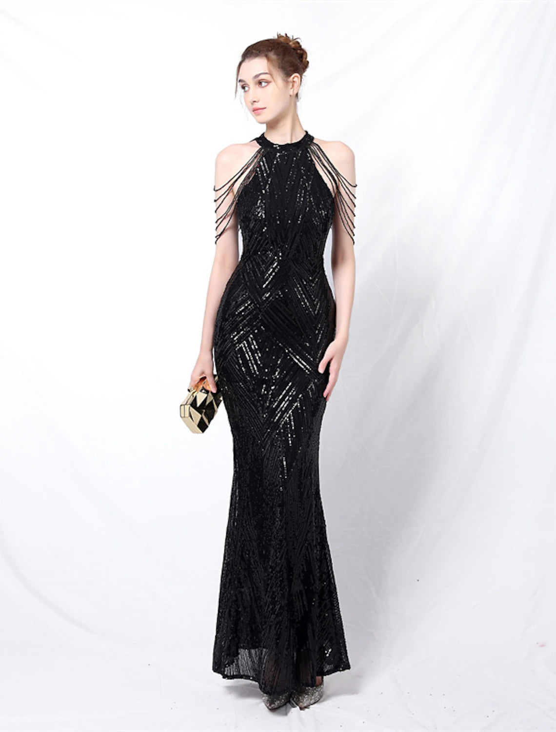 White Sequin Mermaid Floor-Length Dress with High Neck and Chain Shoulder Details