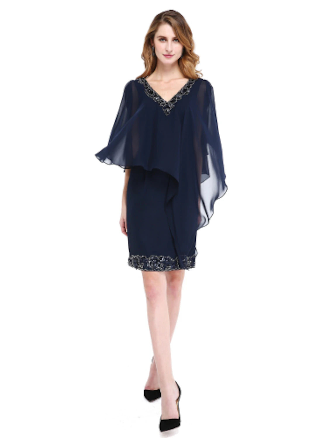 Abito da madre della sposa a tubino, con scollo a V, lunghezza al ginocchio, in chiffon, senza maniche, con perline e paillettes