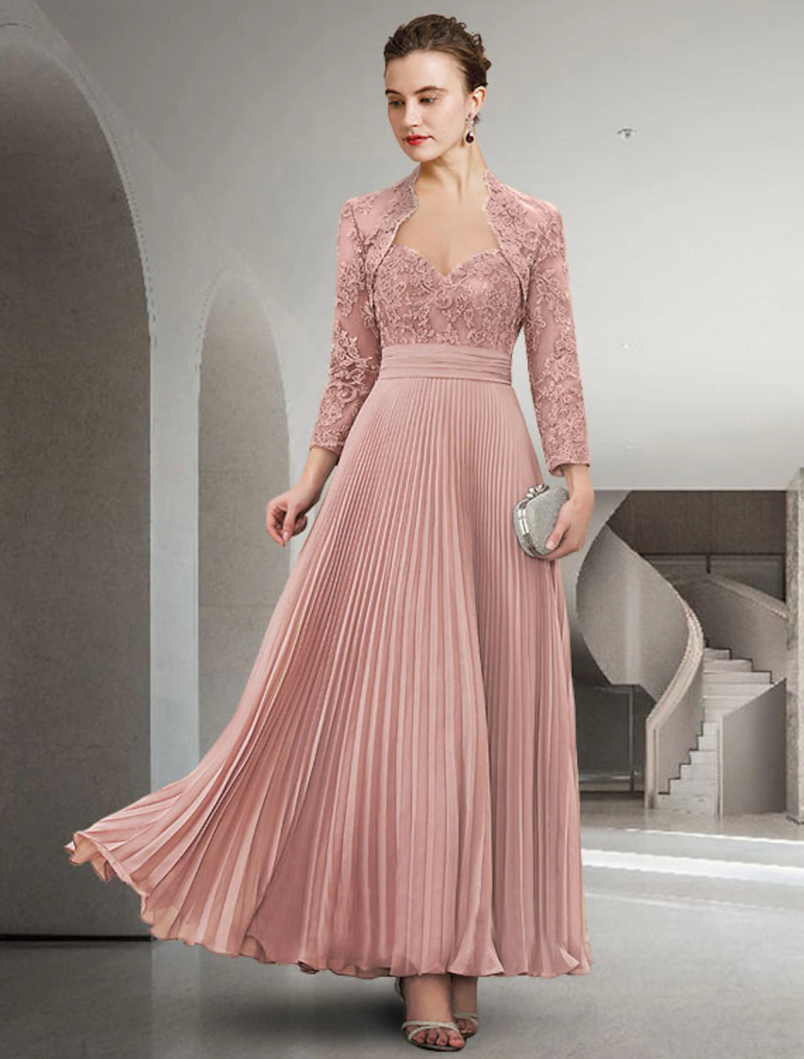 Vestido de dos piezas de corte A para madre de la novia, elegante, estilo iglesia, escote corazón, largo hasta el suelo, de gasa, encaje, manga larga, cruzado, incluido, con pliegues y apliques