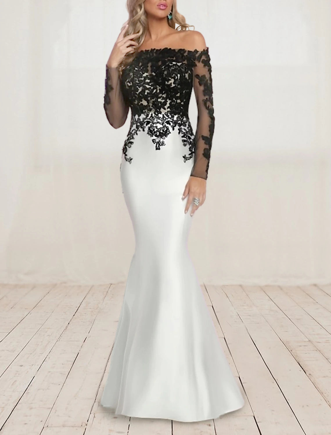 Vestido de noche elegante de sirena/trompeta, vestido formal para invitada de boda, largo hasta el suelo, manga larga, hombros descubiertos, satén con pliegues y apliques