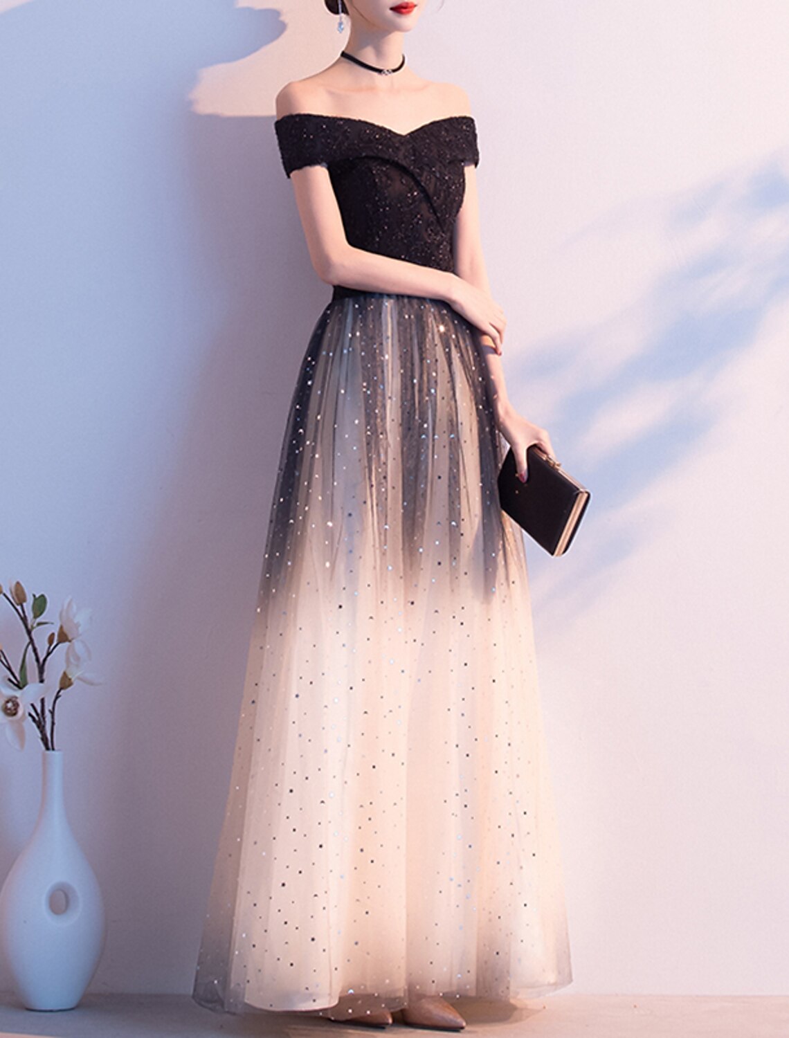 A-Line Evening Gown Glittering Dress Party Wear Formal Evening Floor Length Short Sleeve Off Shoulder Tulle with Sequin