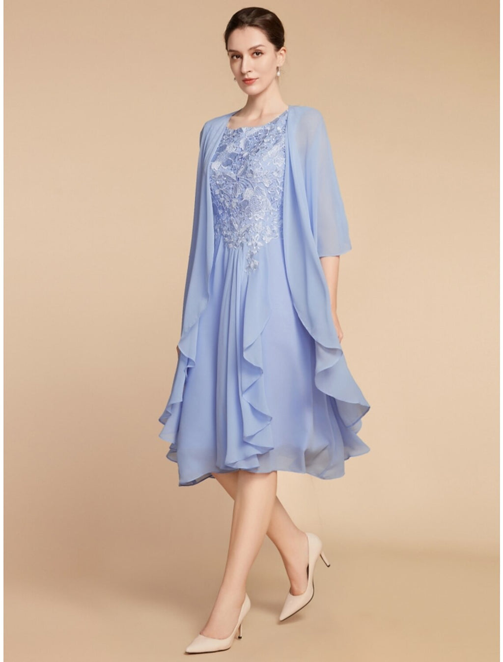 Dusty Blue Chiffon A-Line Tea-Length Bridesmaid Dress with Lace Bodice & Jacket