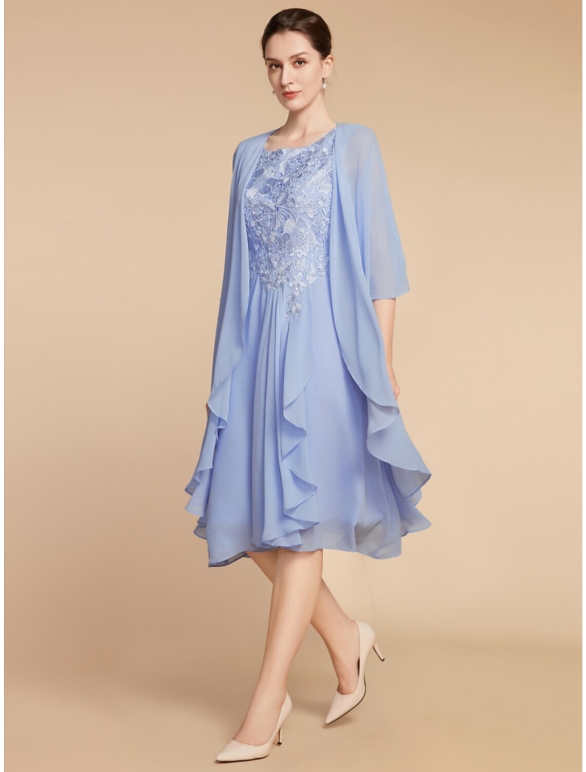 Dusty Blue Chiffon A-Line Tea-Length Bridesmaid Dress with Lace Bodice & Jacket