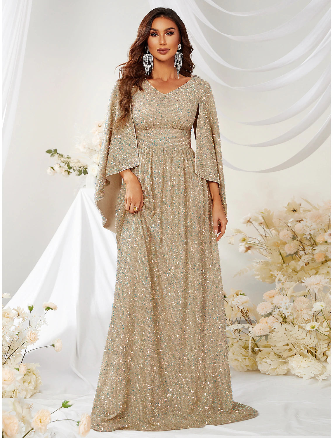Gold Sequin A-Line V-Neck Floor-Length Gown with Cape Sleeves