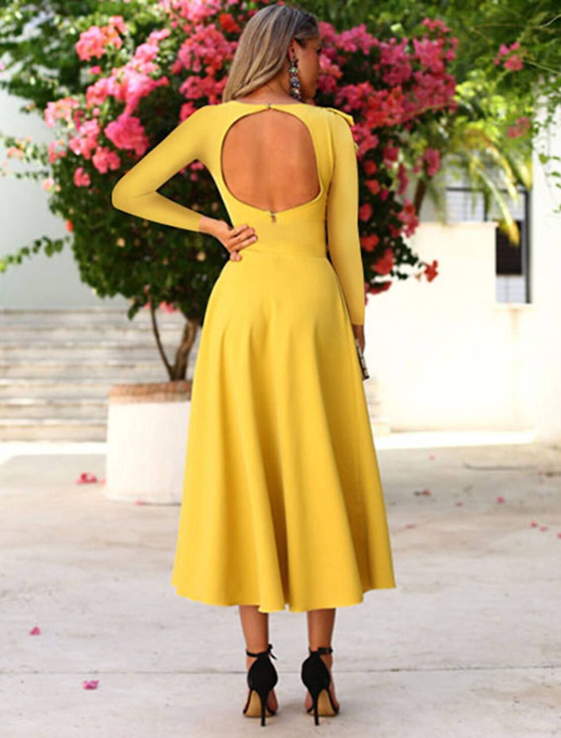 A-Line Cocktail Dresses Open Back Dress Party Wear Wedding Guest Tea Length Long Sleeve One Shoulder  Fabric with Ruffles 2025