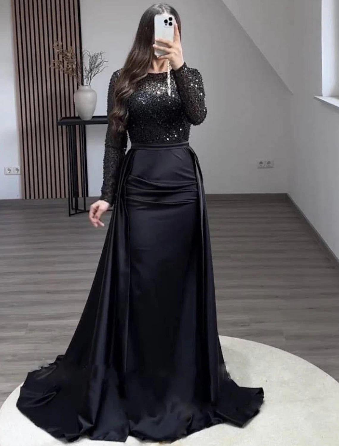 Ivory Satin Sheath/Column Gown with Illusion Sequin Sleeves