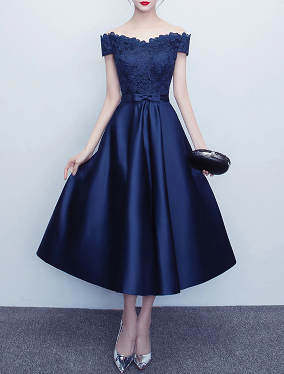 Dark Navy Satin A-Line Off-the-Shoulder Tea-Length Dress with Lace Bodice and Ribbon Bow