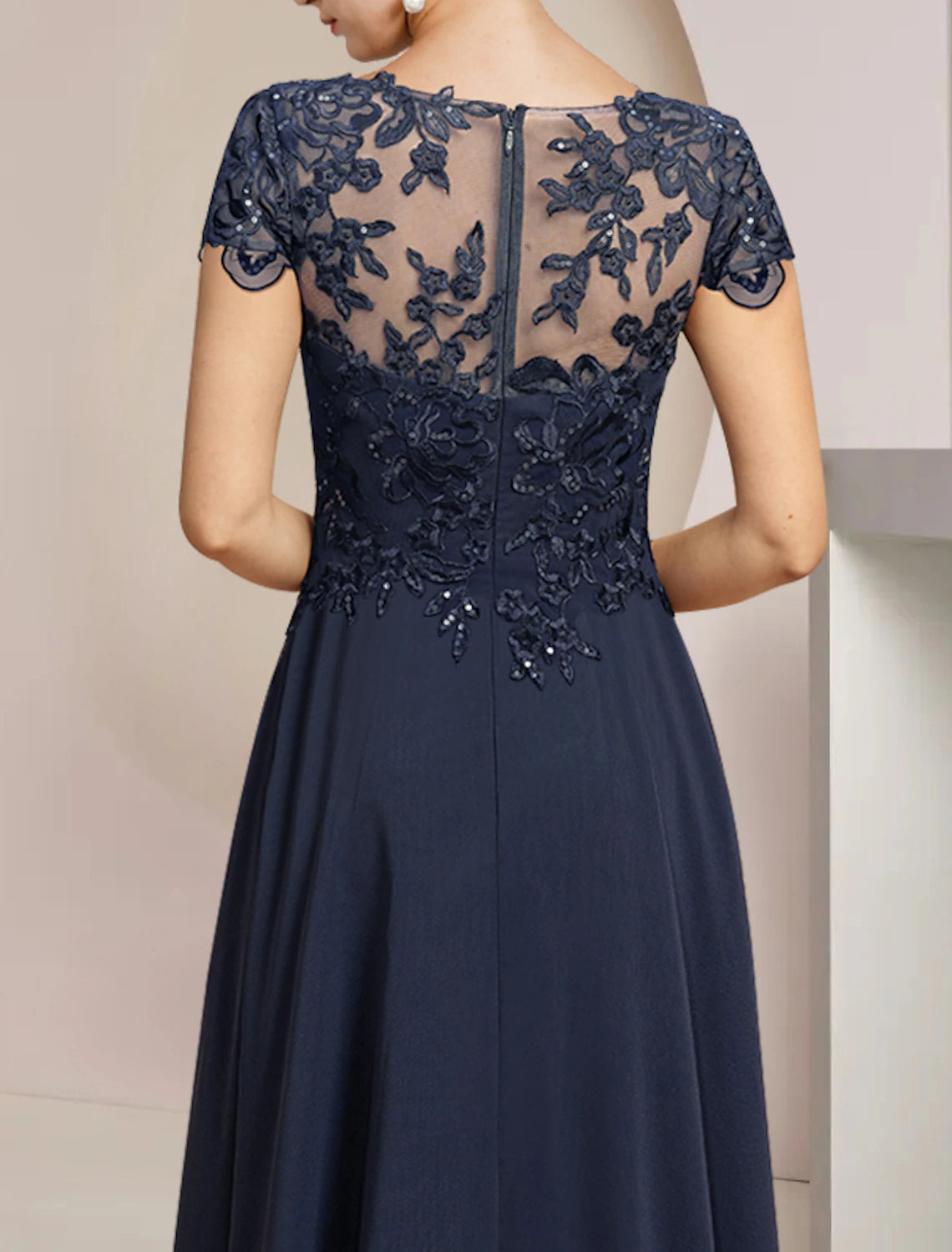 Dark Navy Chiffon A-Line Asymmetrical Evening Dress with Lace Bodice