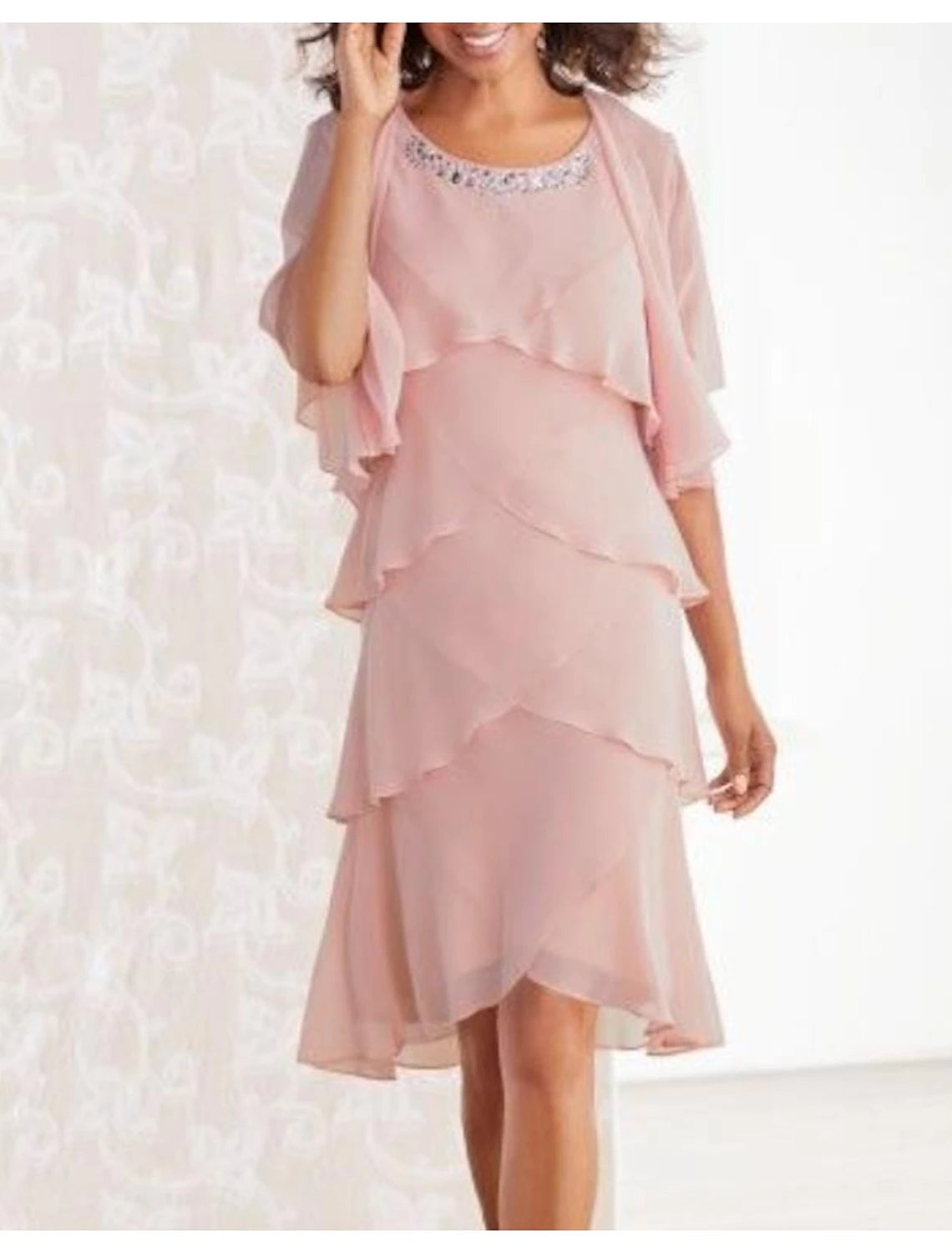 Vestido de dos piezas tipo tubo/columna para madre de la novia, elegante, para invitadas a bodas de otoño, con escote redondo alto y bajo, asimétrico, largo hasta la rodilla, de gasa, sin mangas, cruzado incluido con capa