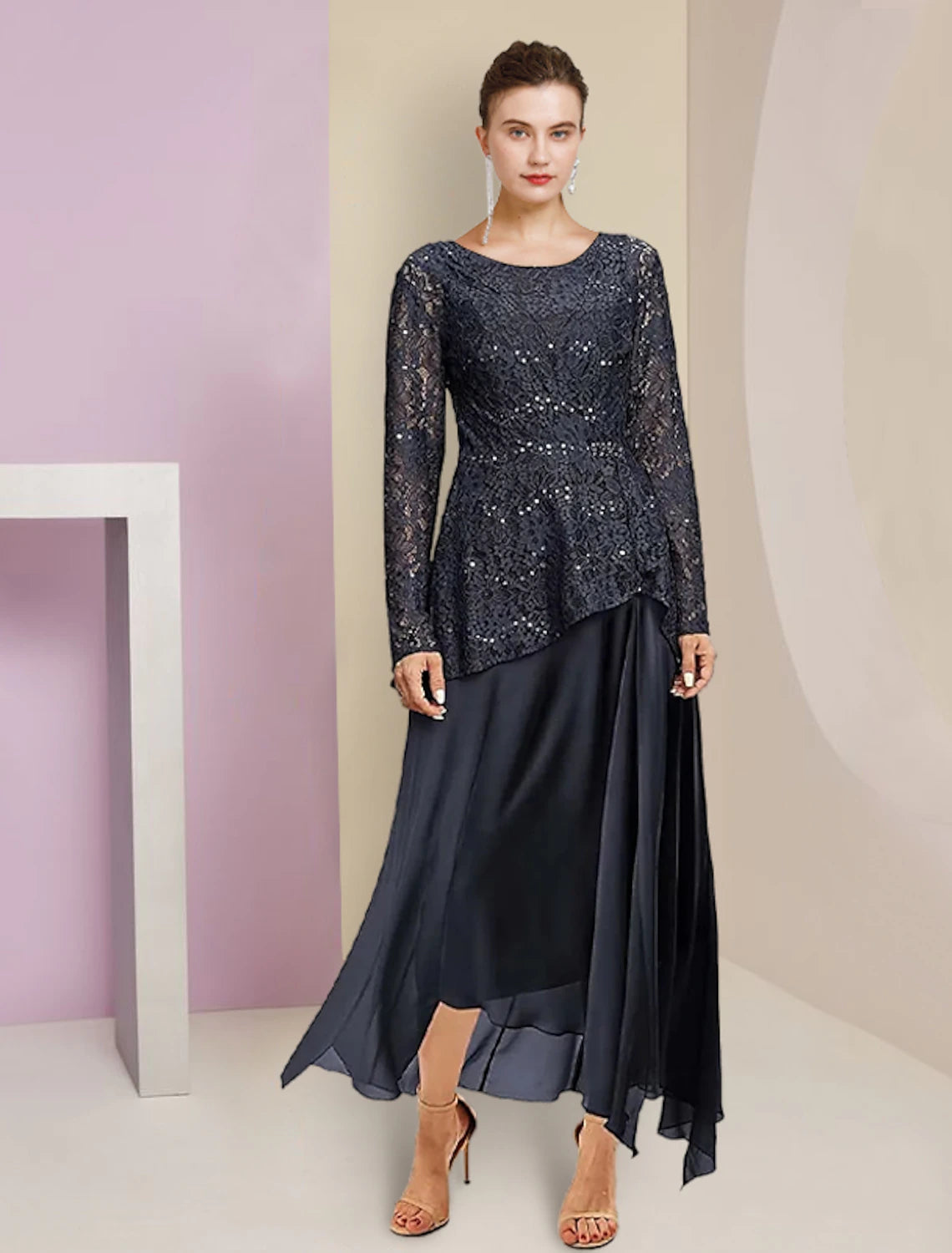 Dark Navy Scoop Neck A-Line Ankle-Length Evening Dress with Sequin Lace Bodice