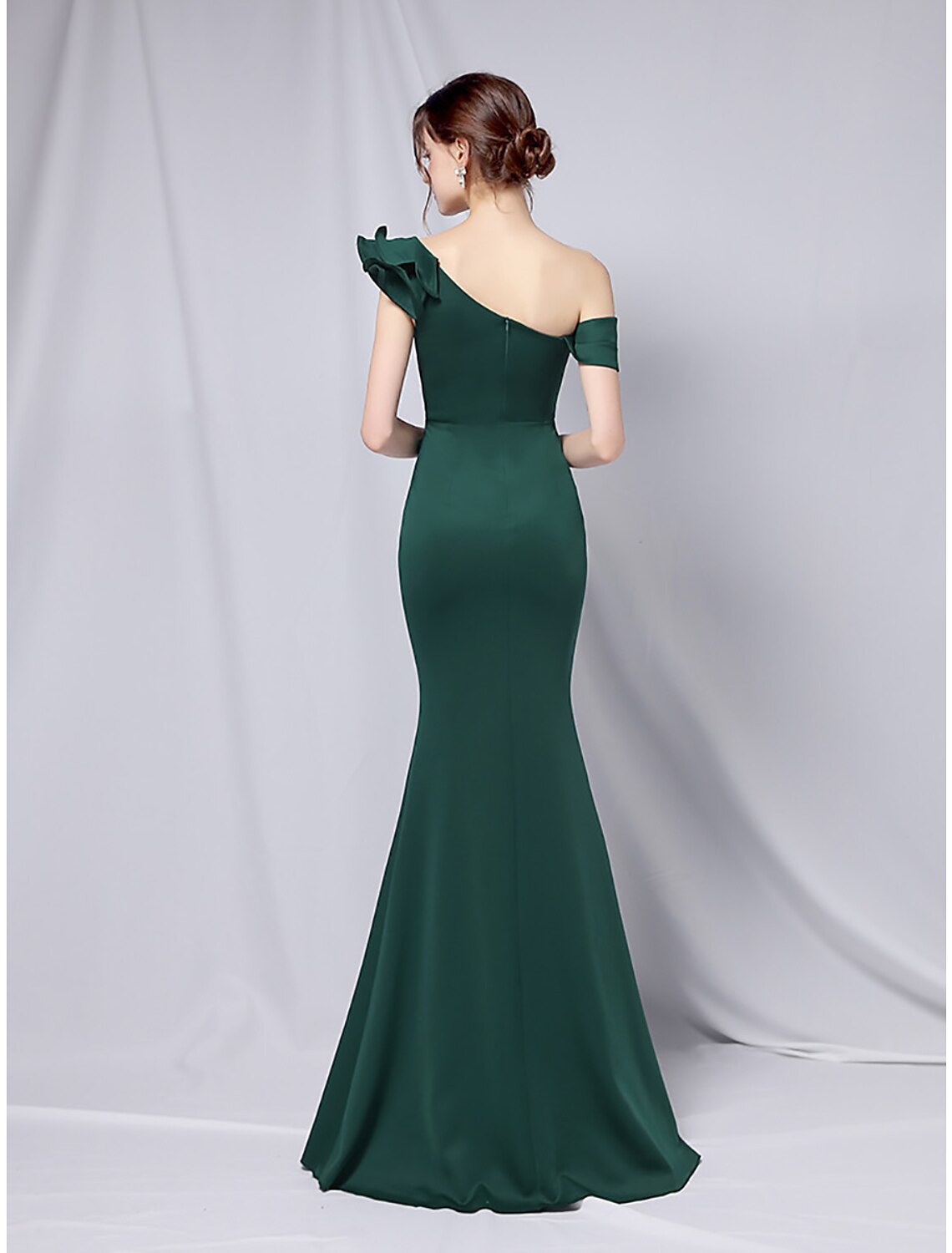 Mermaid Party Dress Evening Gown Empire Dress Wedding Guest Formal Evening Floor Length Short Sleeve One Shoulder  Satin with Ruffles