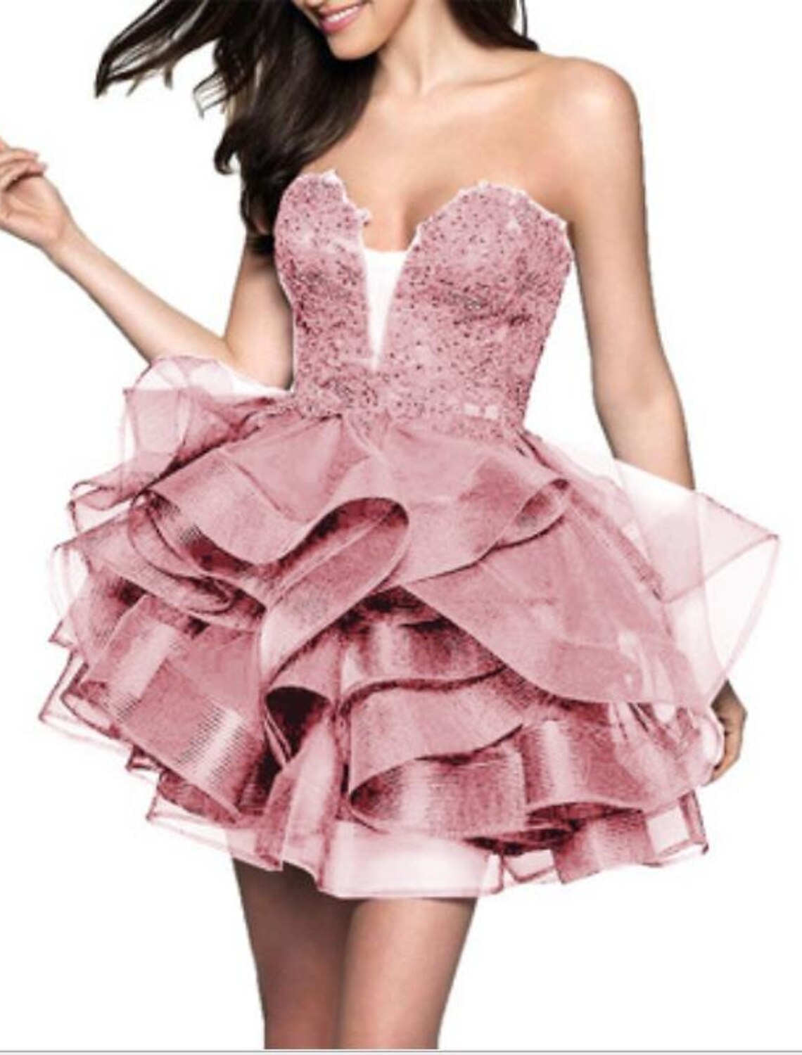 A-Line Minimalist Party Wear Sleeveless Strapless Satin with Appliques Tiered Short/Mini Homecoming Dresses