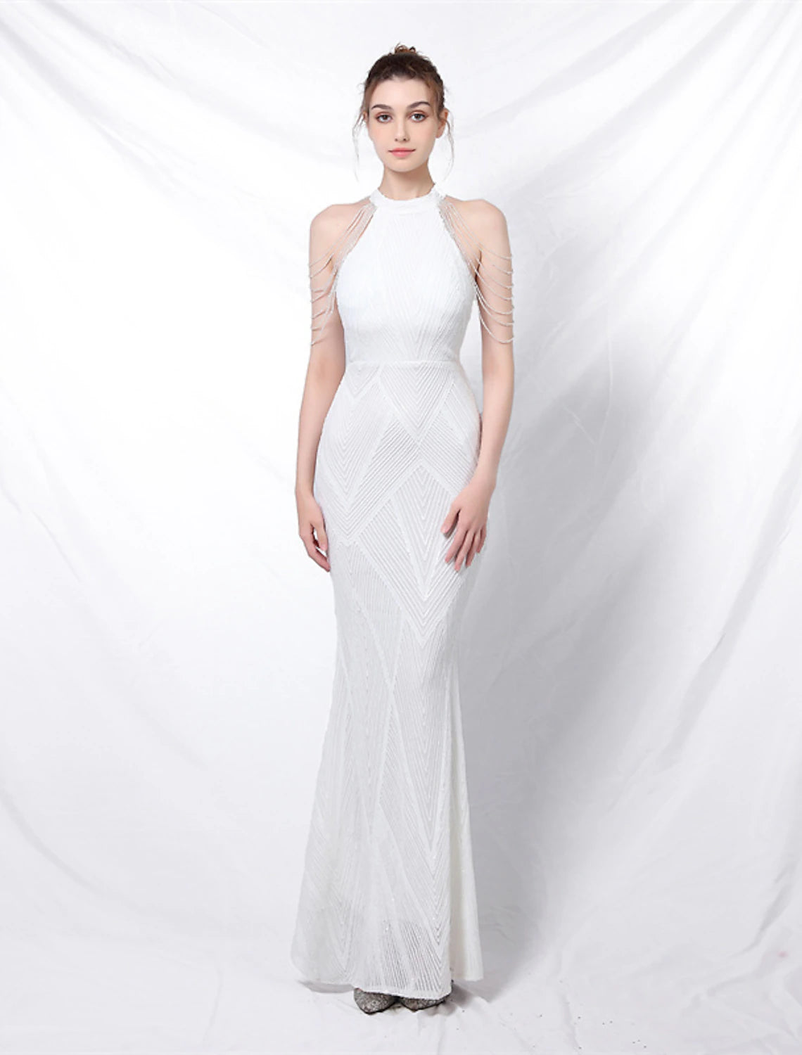 White Sequin Mermaid Floor-Length Dress with High Neck and Chain Shoulder Details