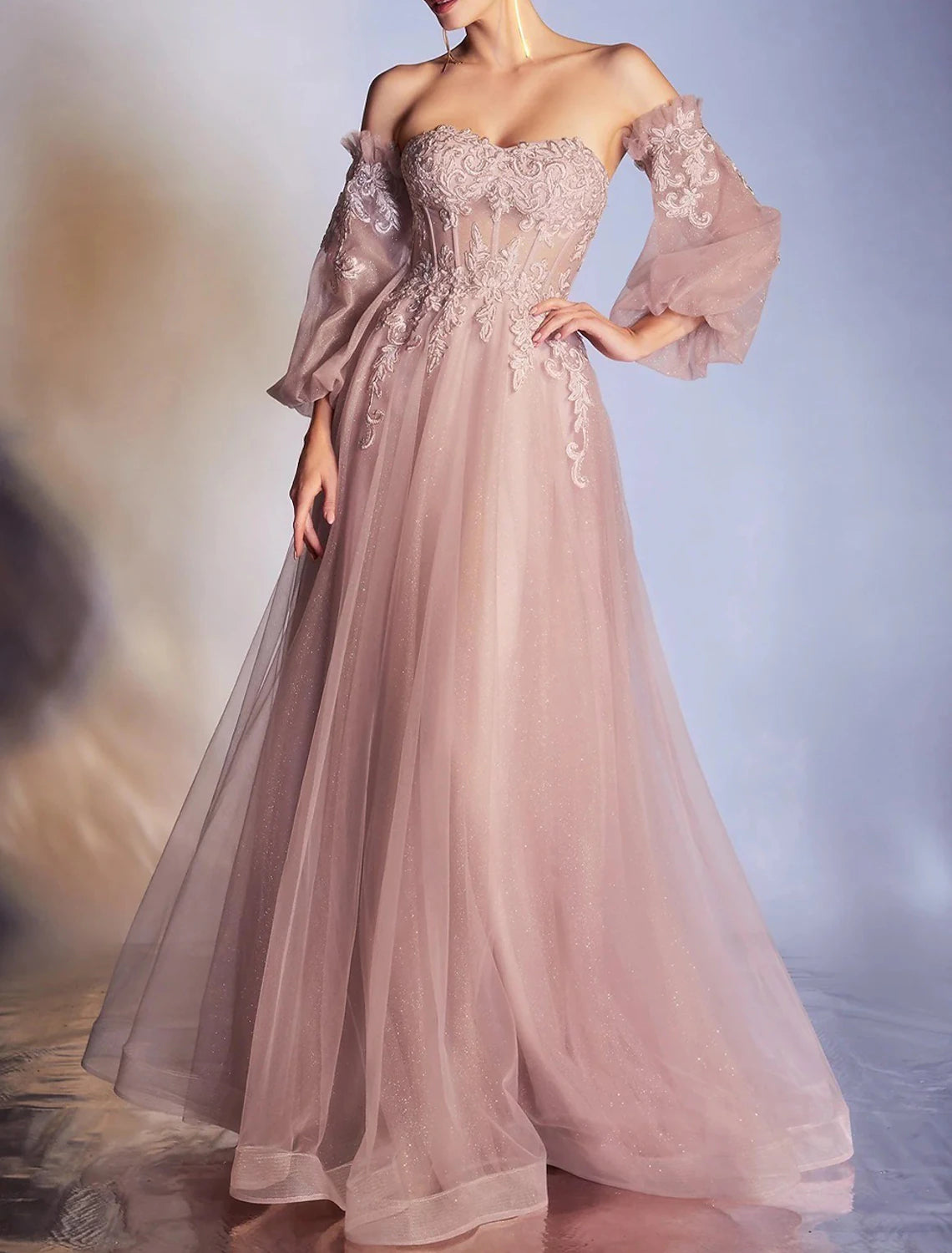 Dusty Rose Off-the-Shoulder Tulle A-Line Floor-Length Gown with Lace Appliques